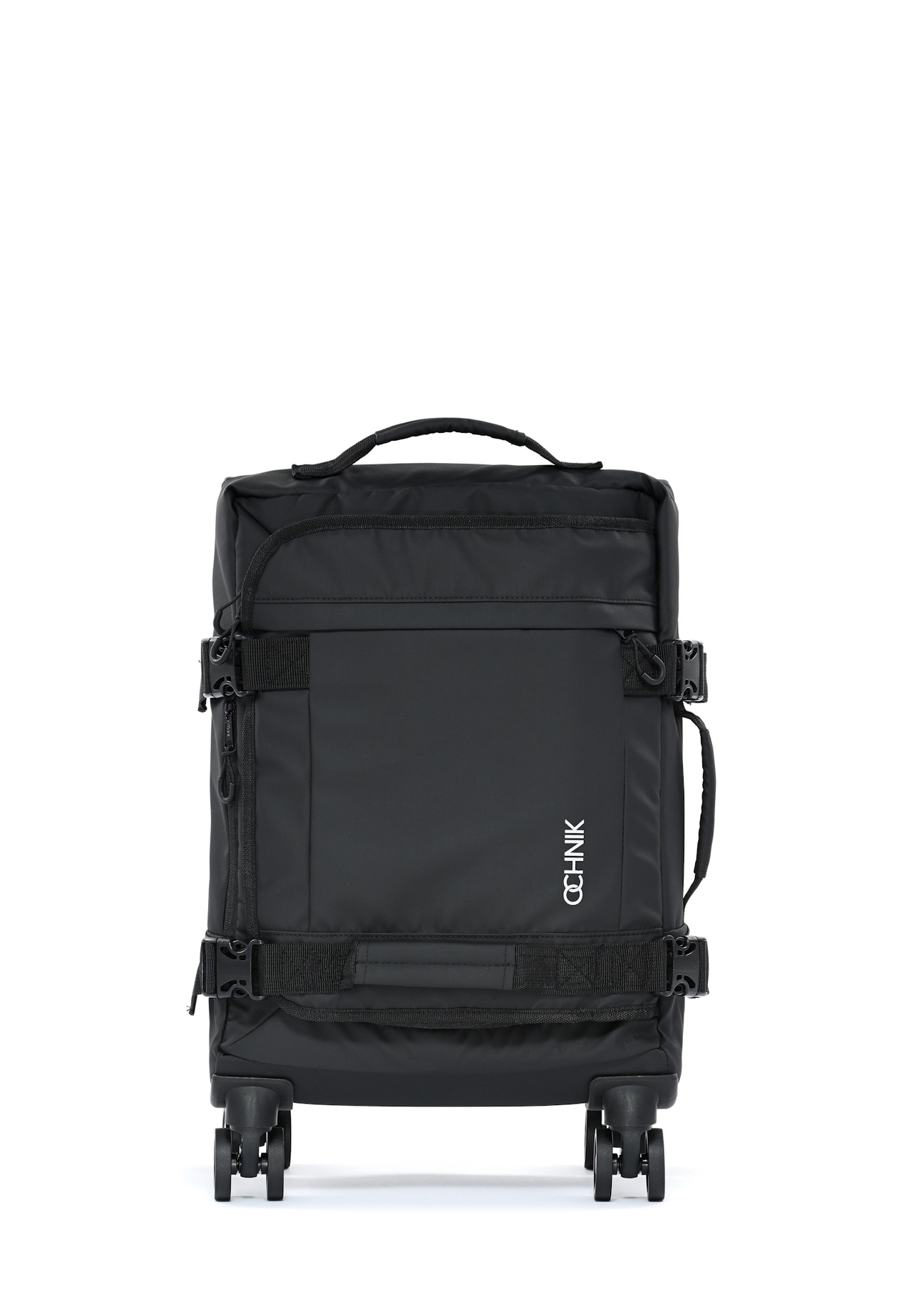 Small suitcase on wheels WALNY-0043-99-19(W25) in black with logo front view on white background.