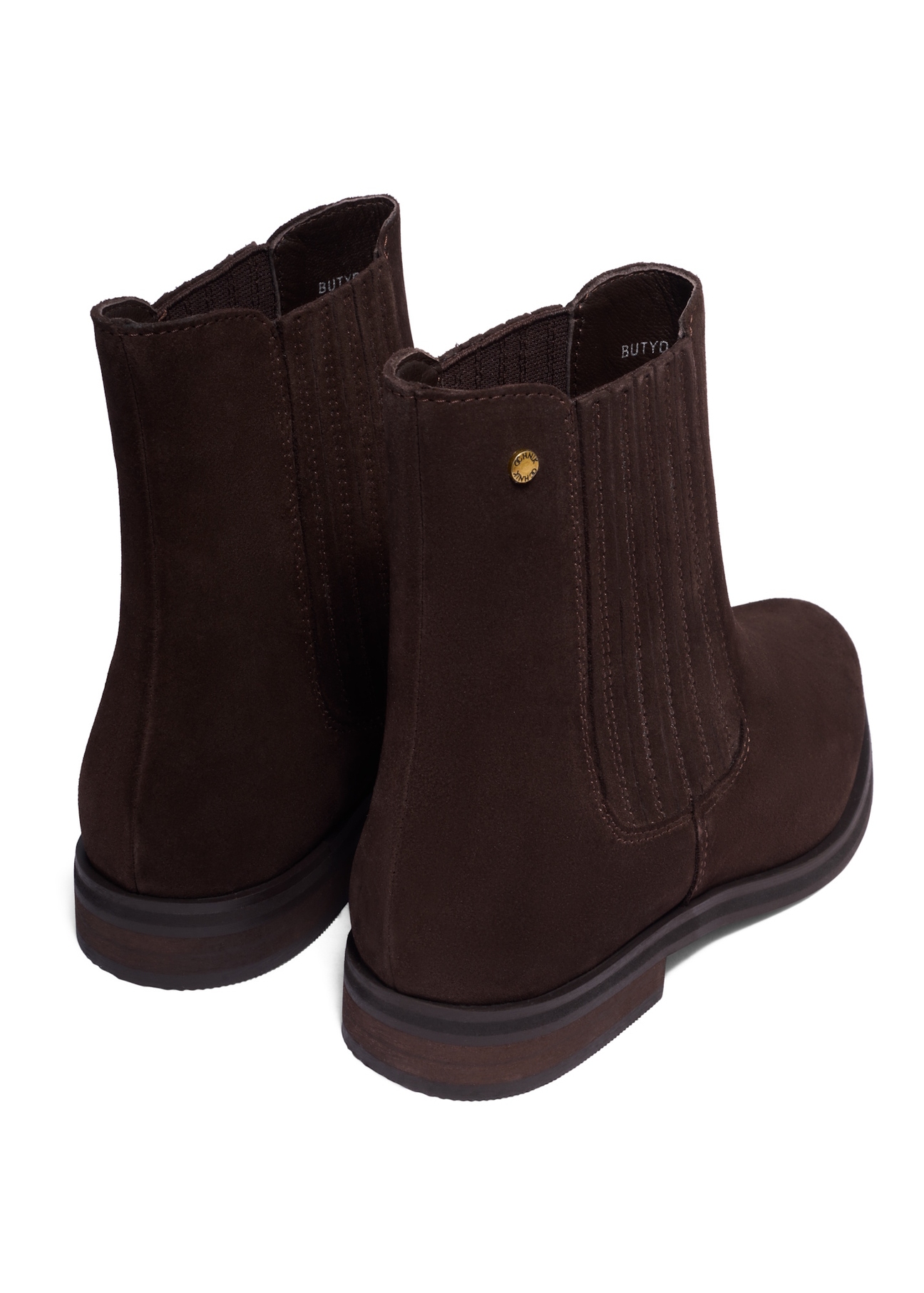 Dark brown suede women's Chelsea boots BUTYD-1279-1I(Z26), product view from the back on a white background.