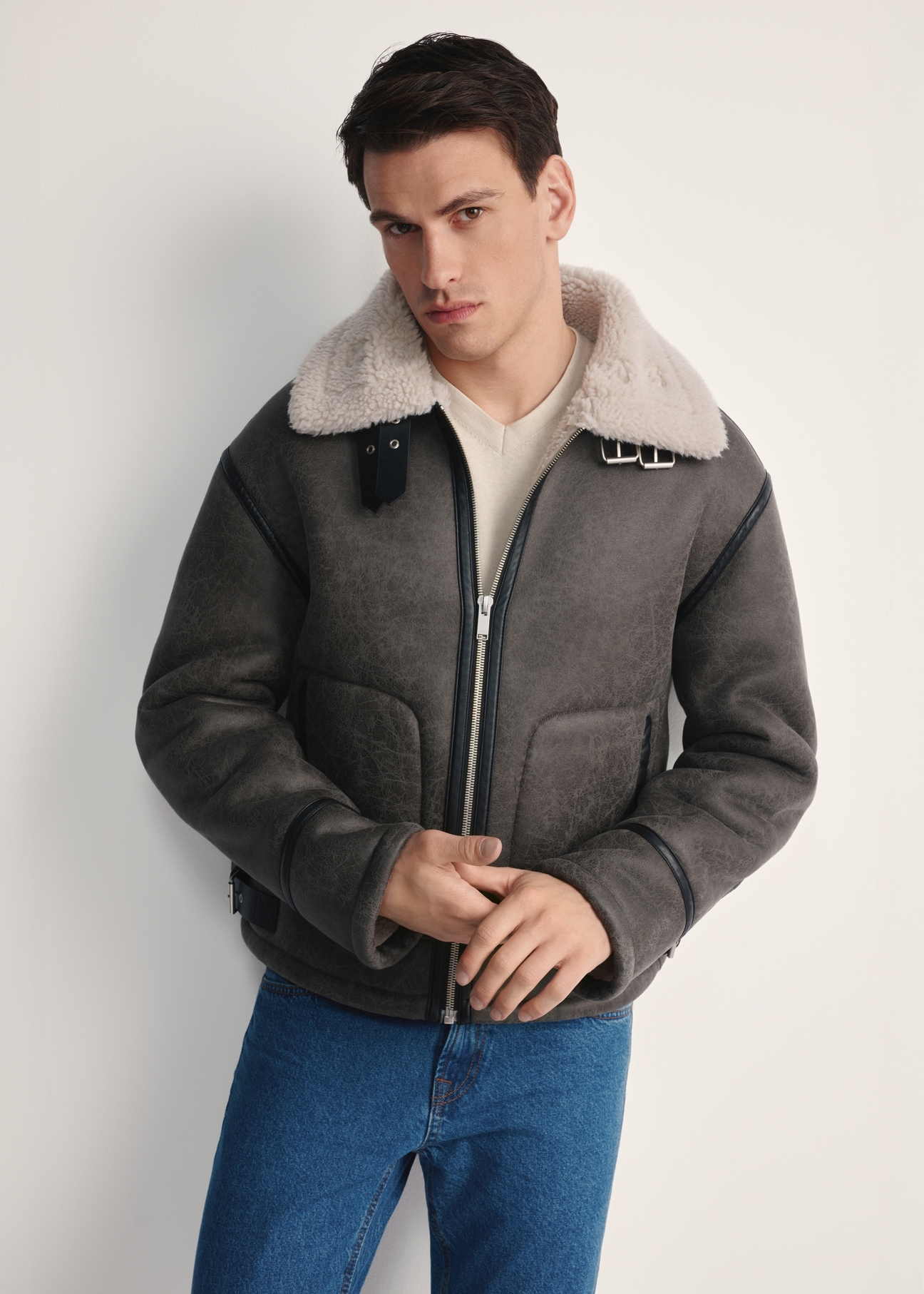 Men's gray sheepskin coat KOZMP-0008-91(Z25)