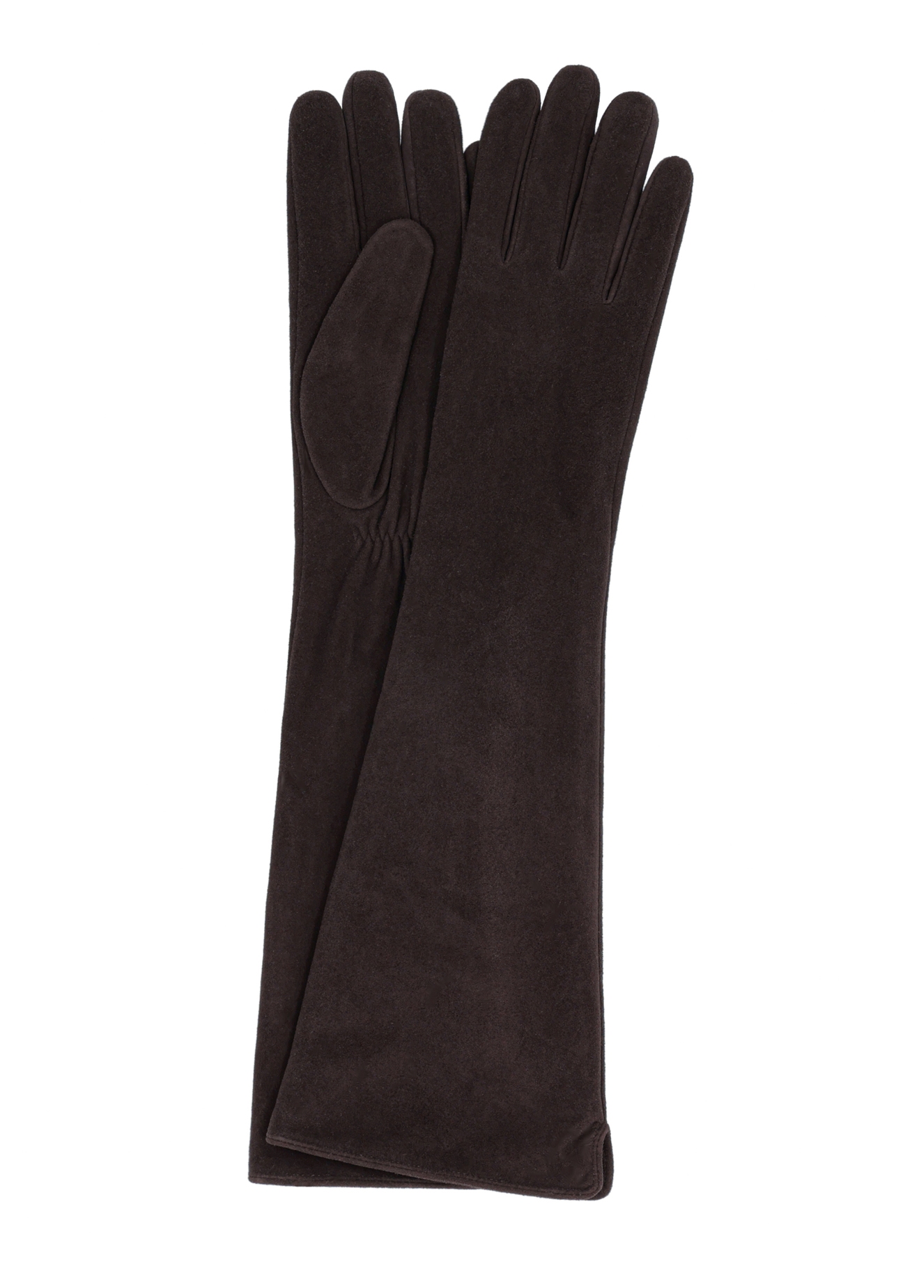 Long dark brown leather women's gloves REKDS-0088-1I(Z26), front product view on white background.