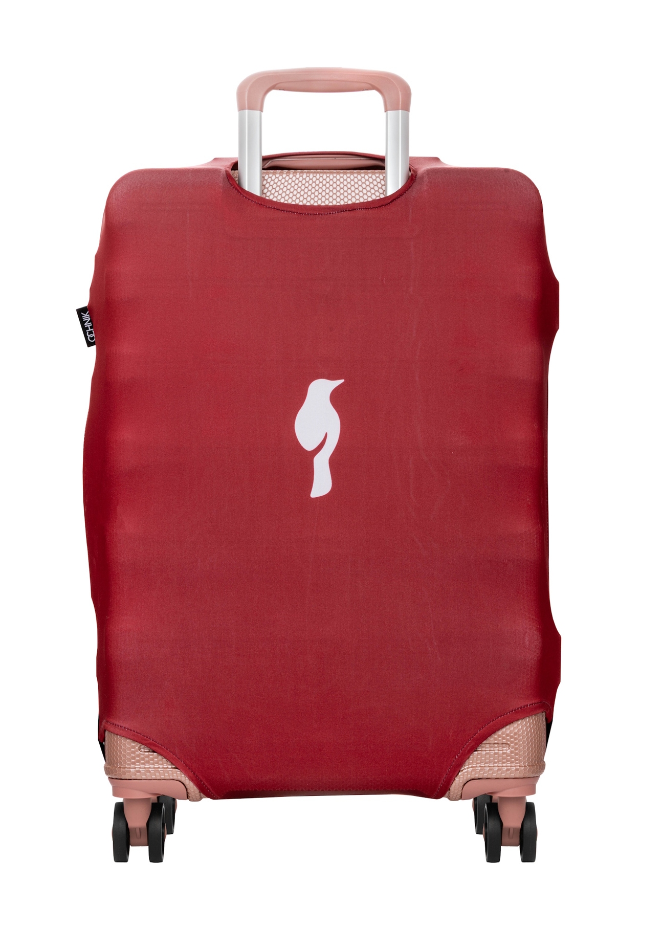 Red cover for a medium suitcase with the AW-013-0002-4B-M(W26) logo, product view from the back on the suitcase.