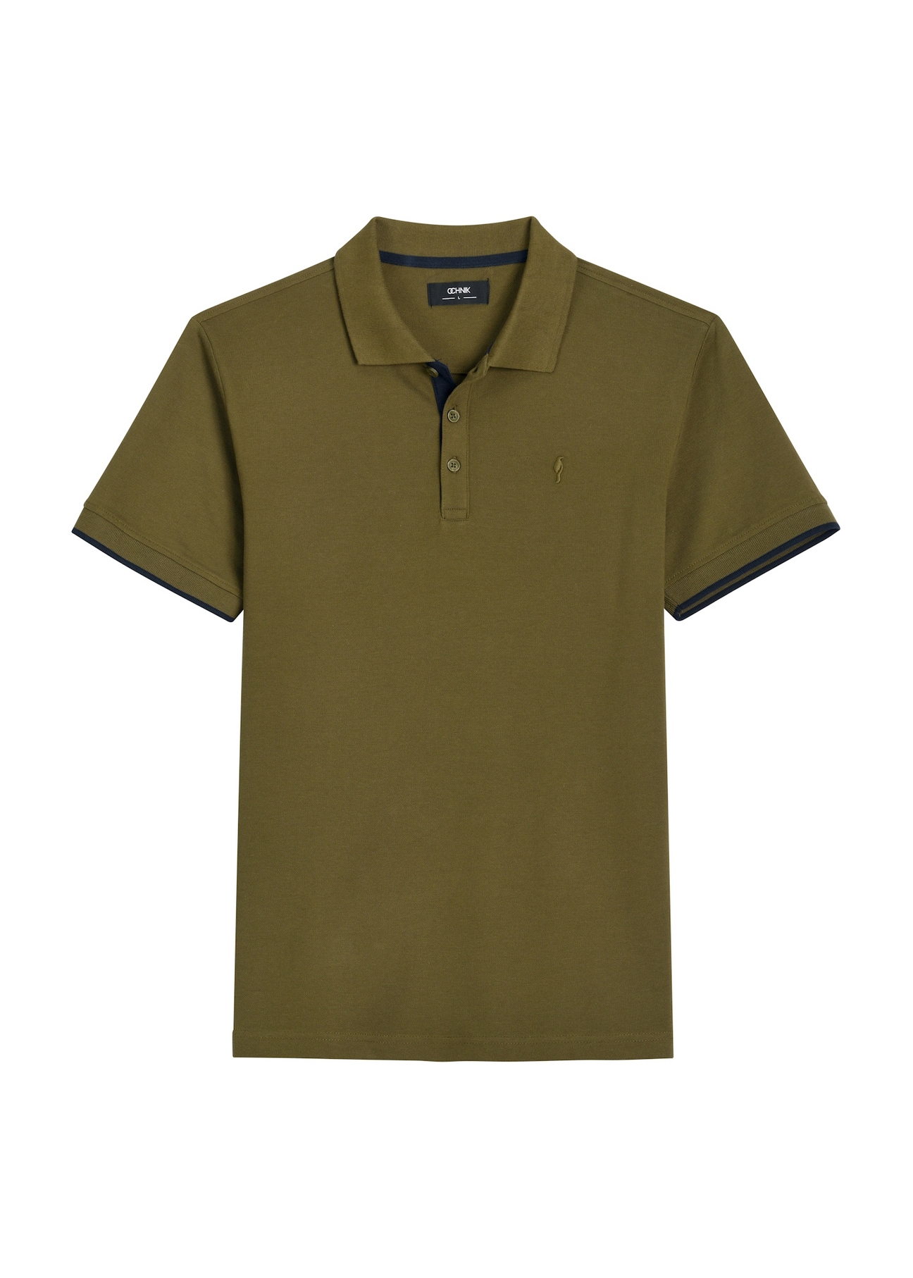 Khaki cotton polo shirt POLMT-0045B-8D(W26), front product view on white background.