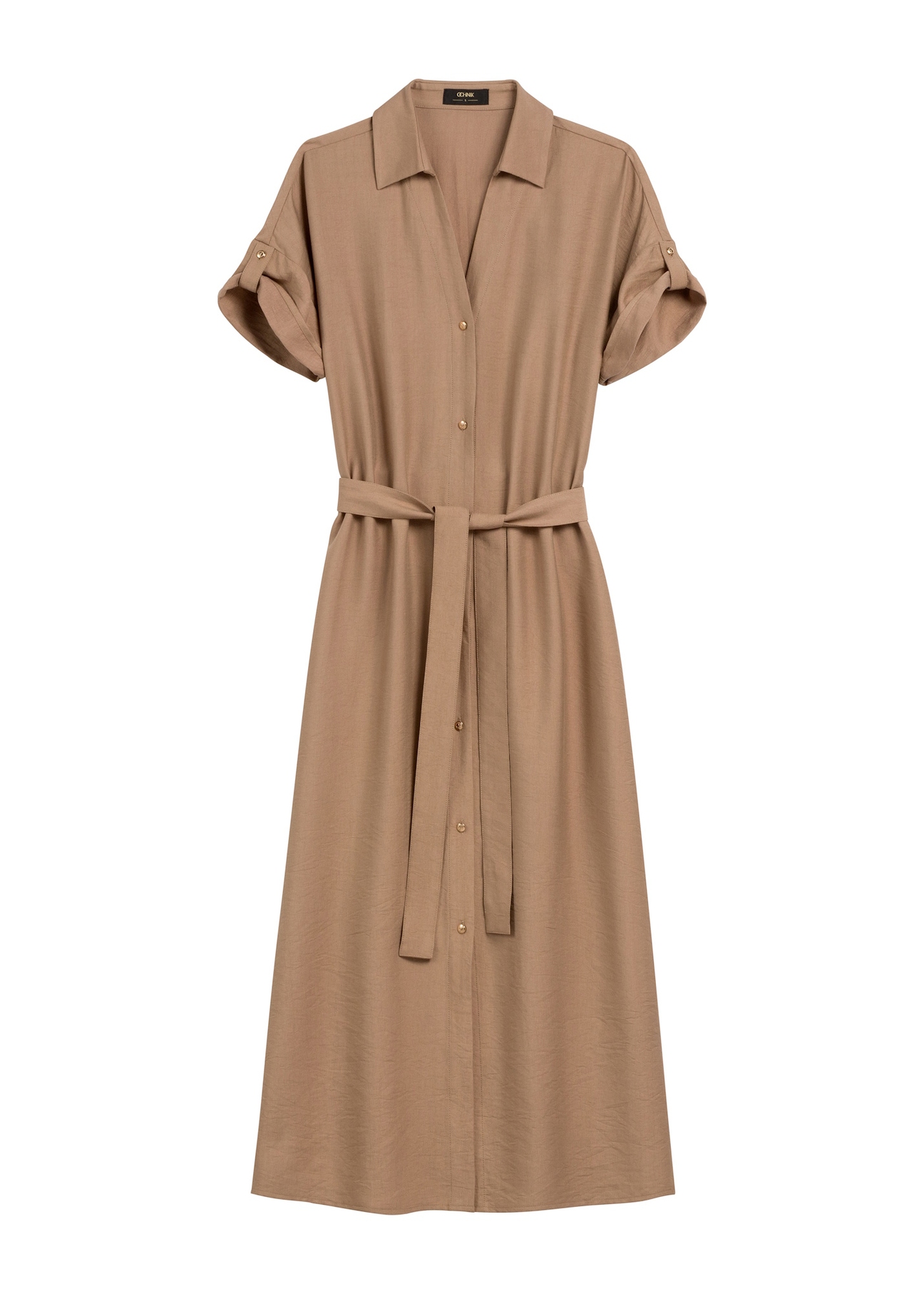 Camel long dress with short sleeves SUKDT-0180A-1D(W26), front product view on white background.