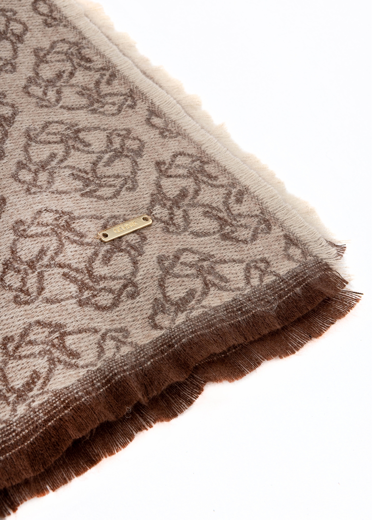 Large brown women's scarf with monogram SZADT-0130A-82(Z25), close-up of the product detail, view on a white background.