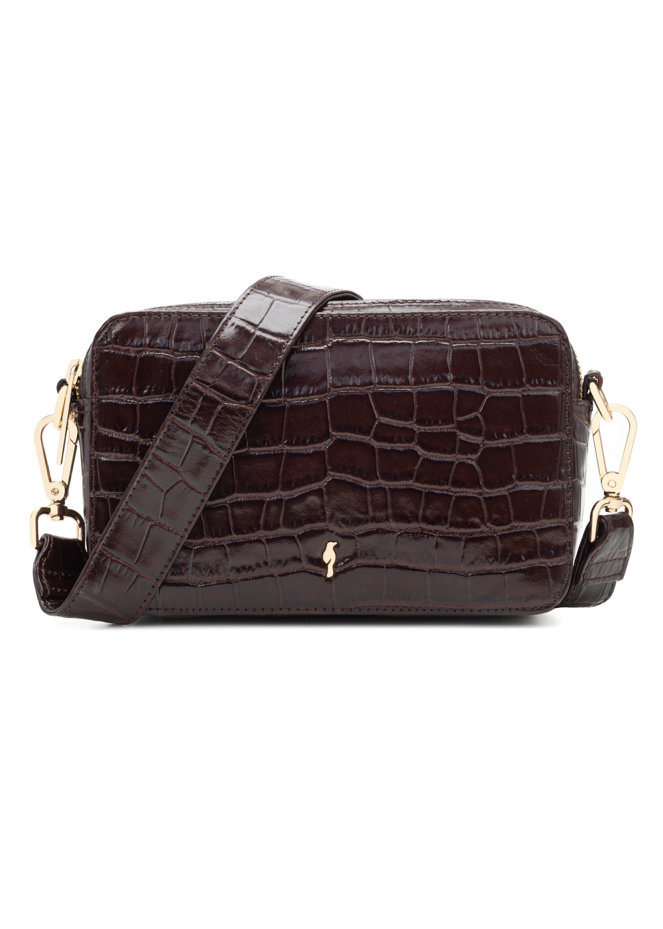 Small brown croco leather handbag TORES-1231-1H(W26), front product view on white background.