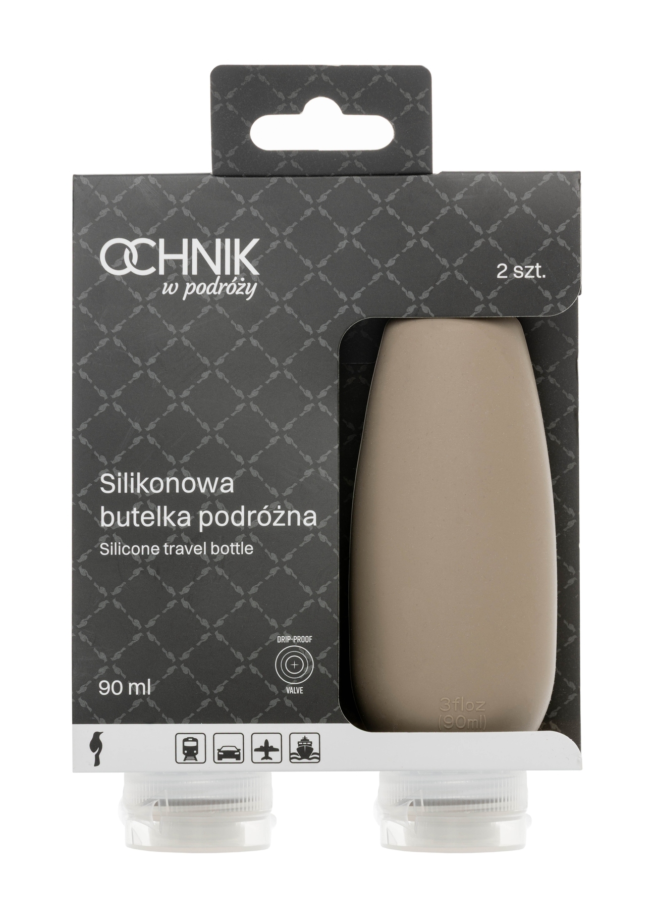 Travel cosmetics bottles AW-016-0001-1K(W26), front view of the product in the packaging on a white background.