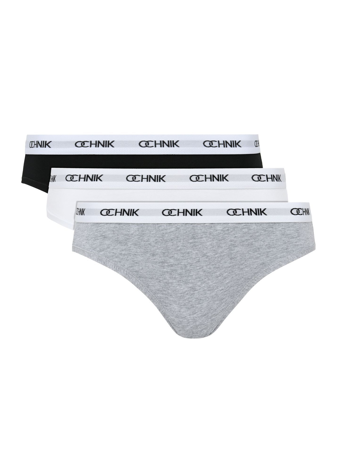 Set of women's panties in three colors ZESDS-0003-00(KS), front view of the set on a white background.