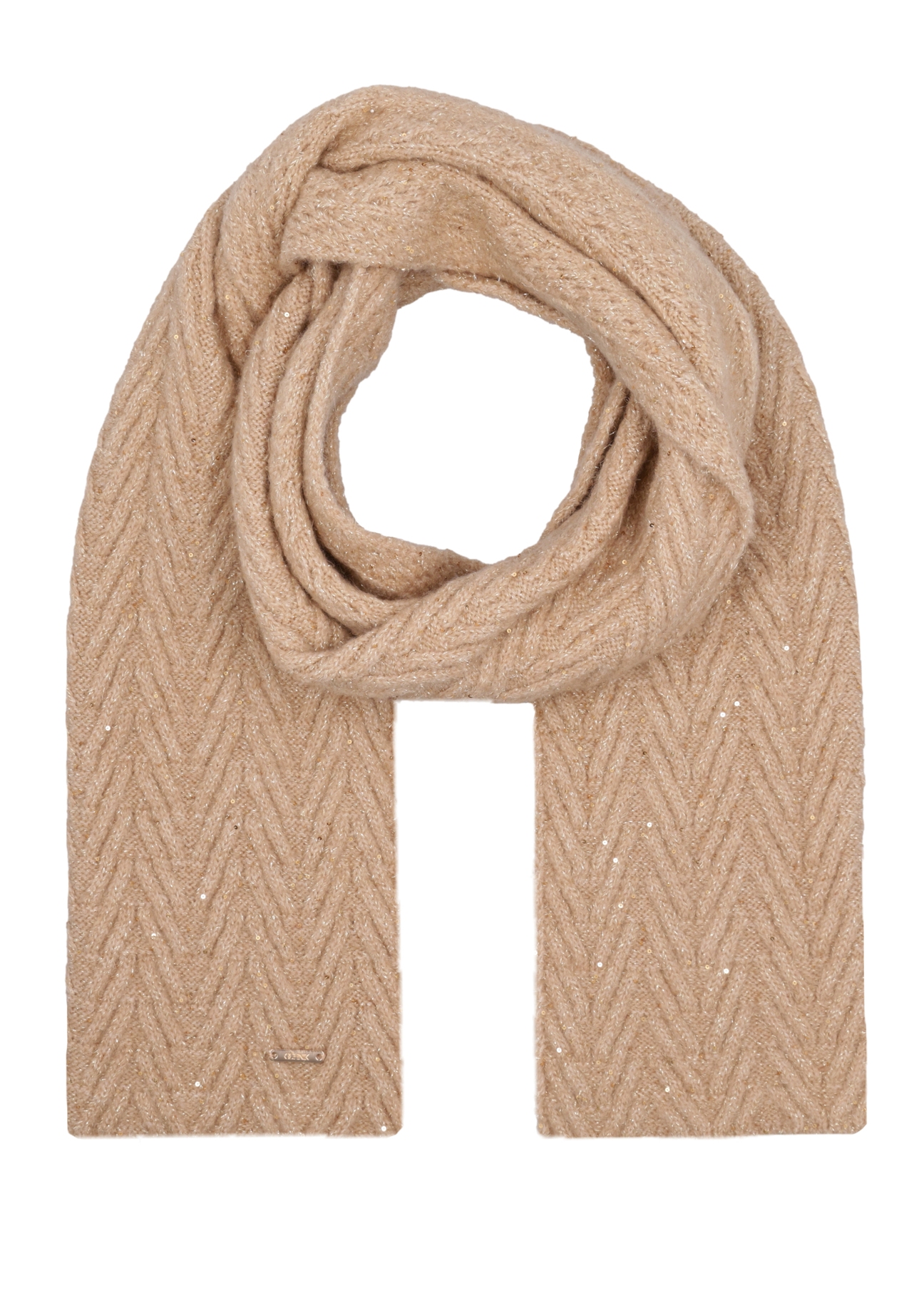Light beige women's scarf with sequins SZADT-0220-1A(Z26), front product view on white background.
