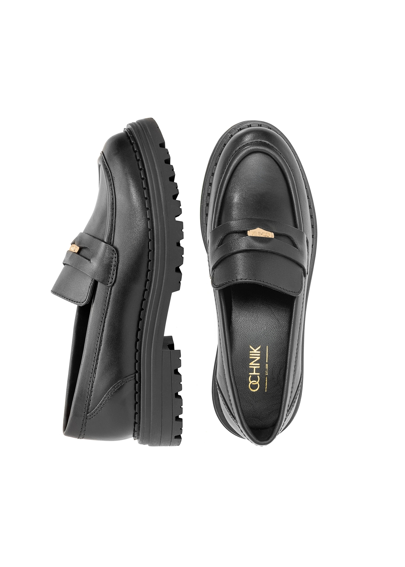 Women's leather black moccasins with logo BUTYD-1197-99(Z25), product view from the top and side on a white background.