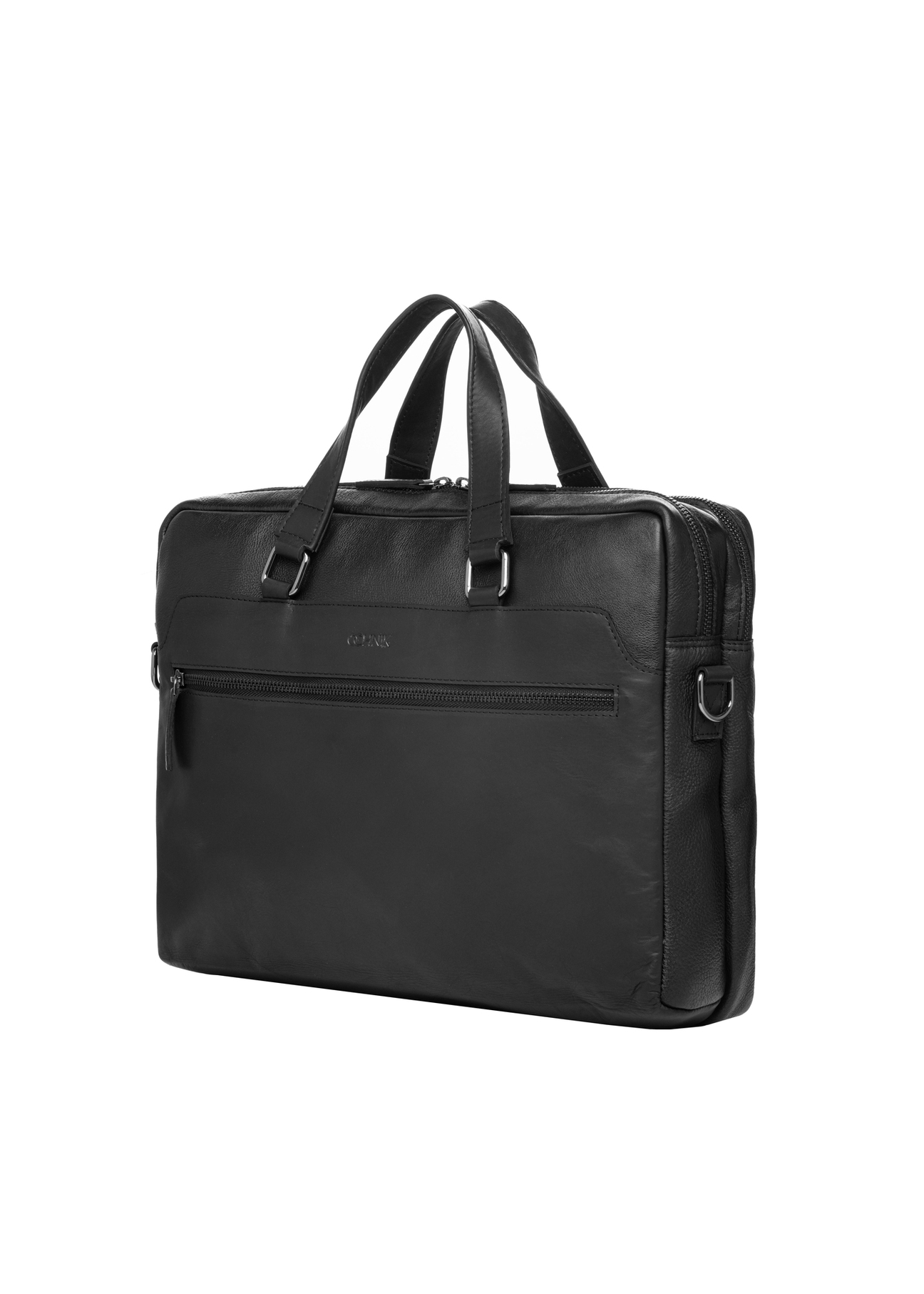 Black leather men's briefcase TORMS-0495-99(W26), diagonal product view on white background.