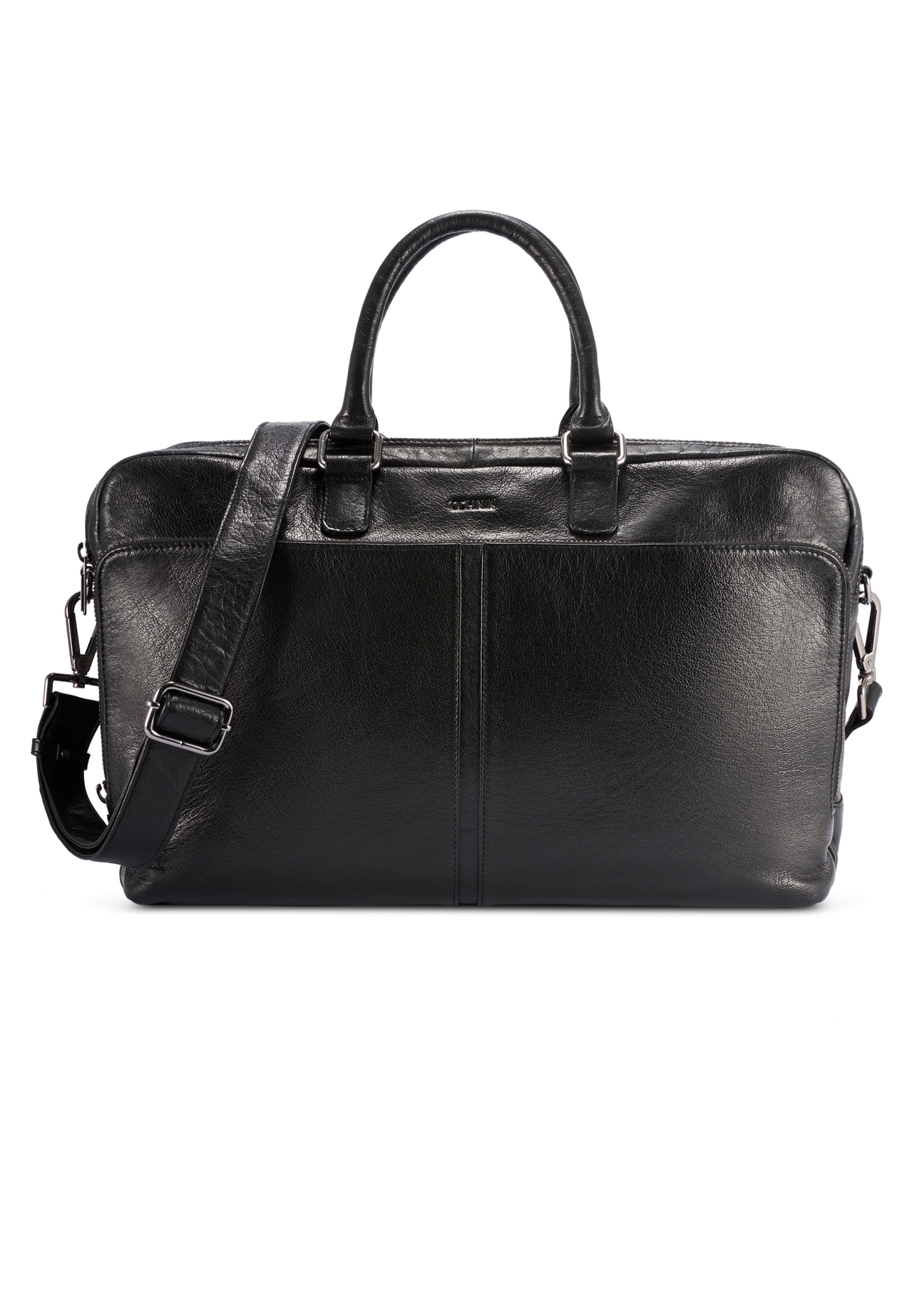 Black large leather men's bag TORMS-0489-99(W26) - front product view, on white background.