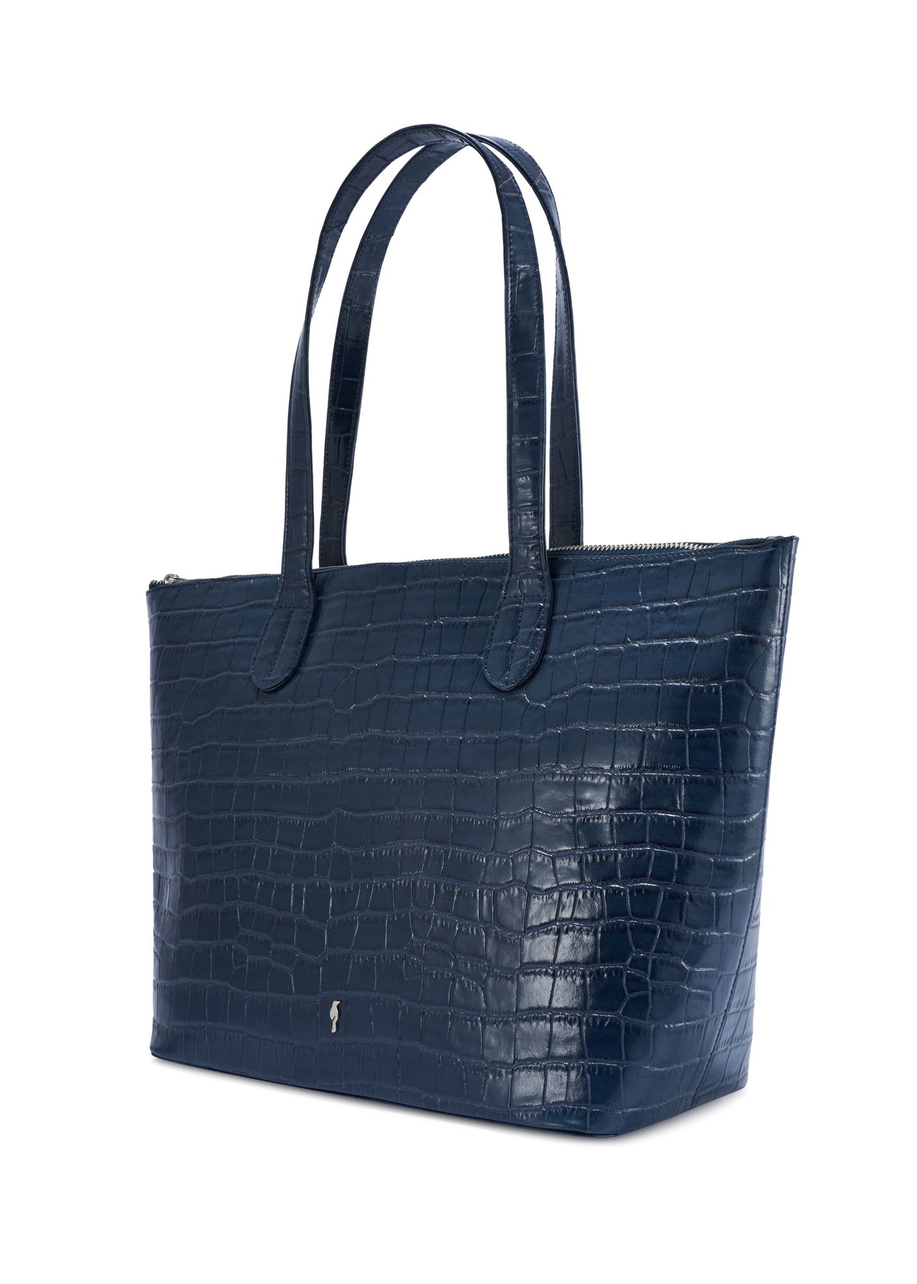 Women's navy blue leather shopper bag TORES-0939F-7D(W26) - diagonal product view, on a white background.