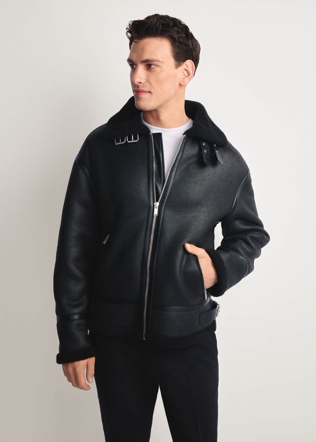 Men's black sheepskin coat KOZMP-0009-99(Z25) - front view of the product on a white background. Half of the silhouette visible.