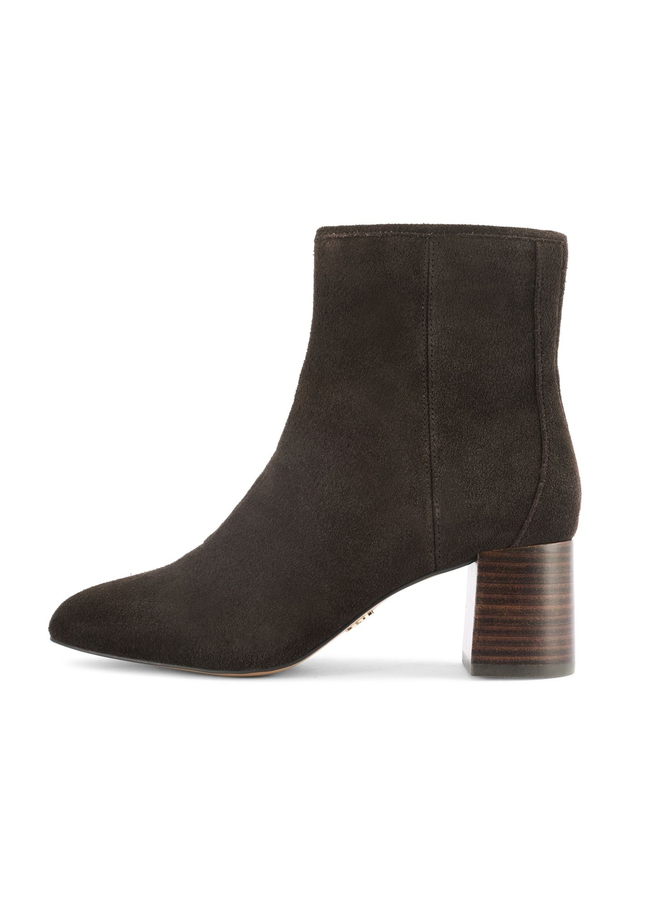 Brown suede high-heeled ankle boots BUTYD-1218-1I(Z26), side view of the product on a white background.-02