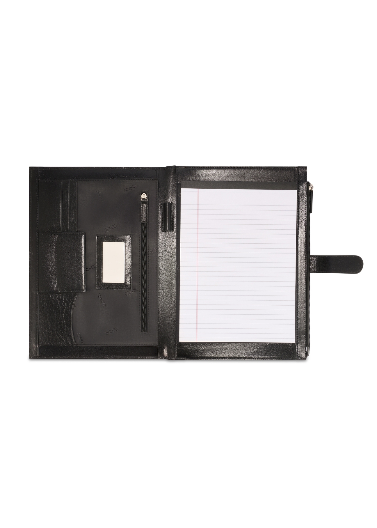 Black leather men's briefcase TORMS-0480-99(Z25), product view from the inside on a white background.