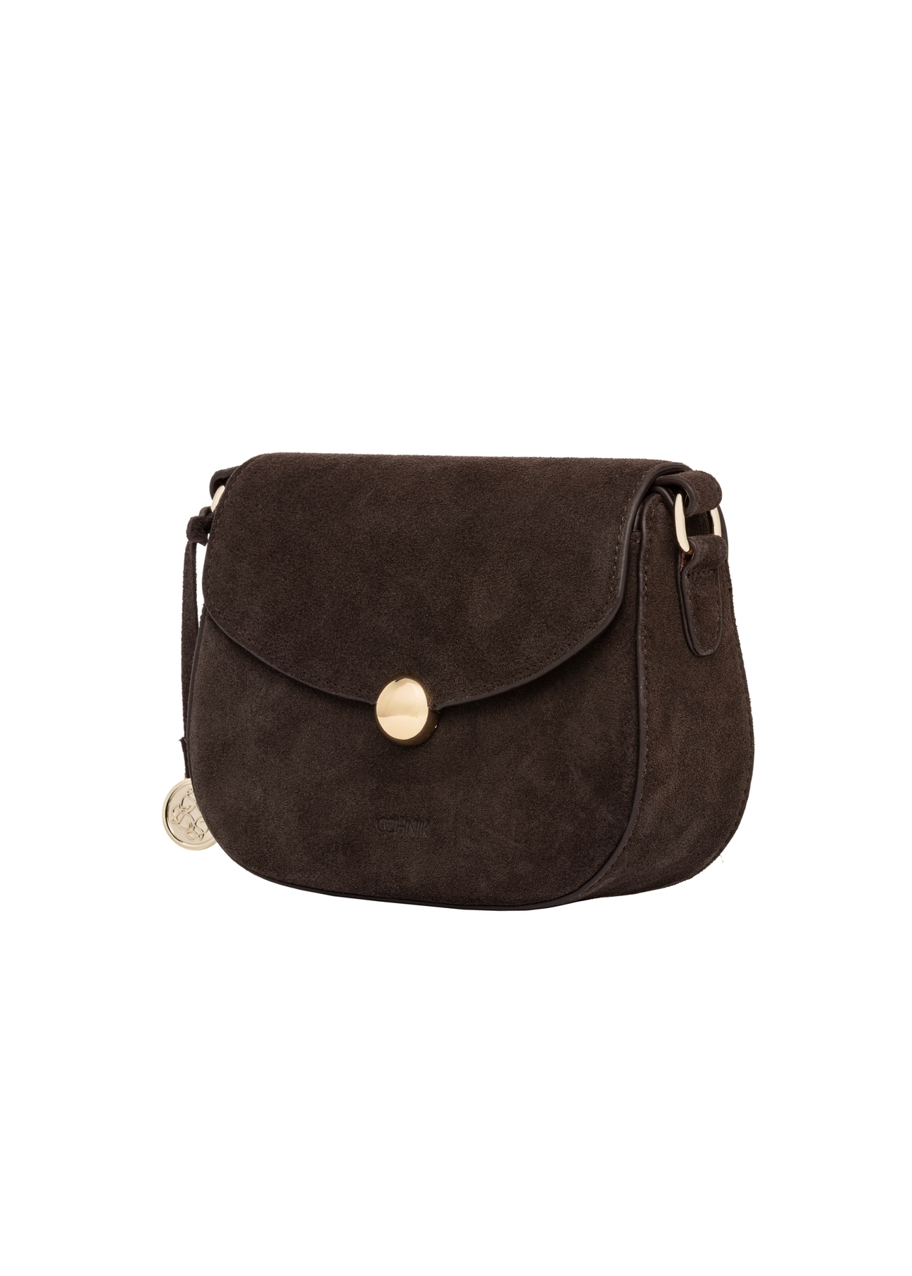 Brown suede small women's handbag TORES-1405-1I(Z26). Side view, diagonal, on a white background.