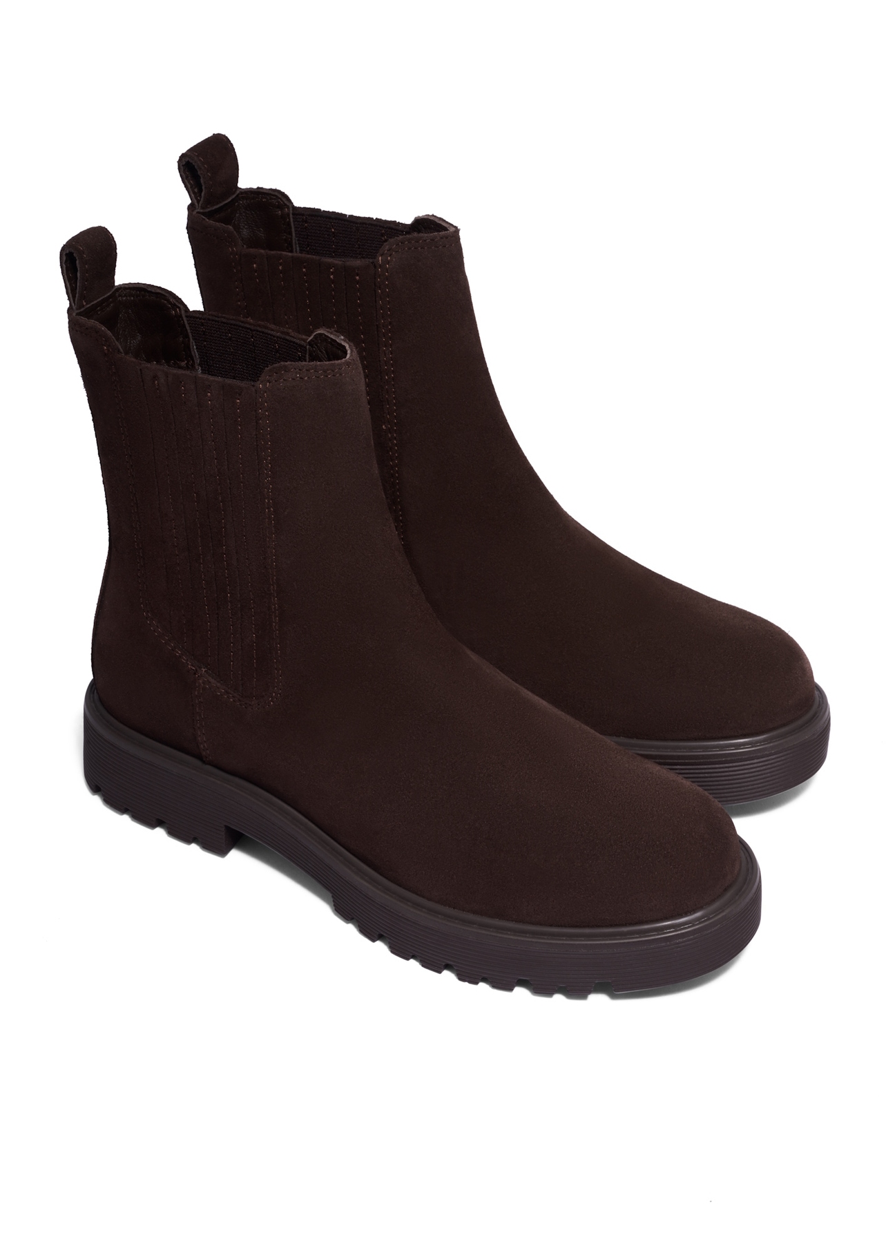 Dark brown suede women's Chelsea boots BUTYD-1281-1I(Z26), diagonal product view on white background.