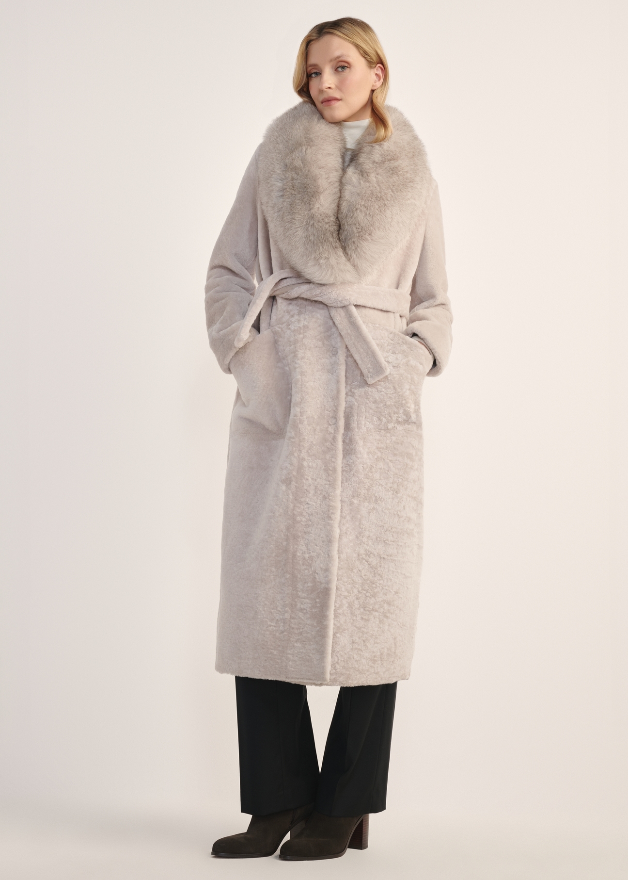 Light beige double-sided long women's sheepskin coat KOZDS-0089-3037(Z25) - front product view on a white background. Full body visible.