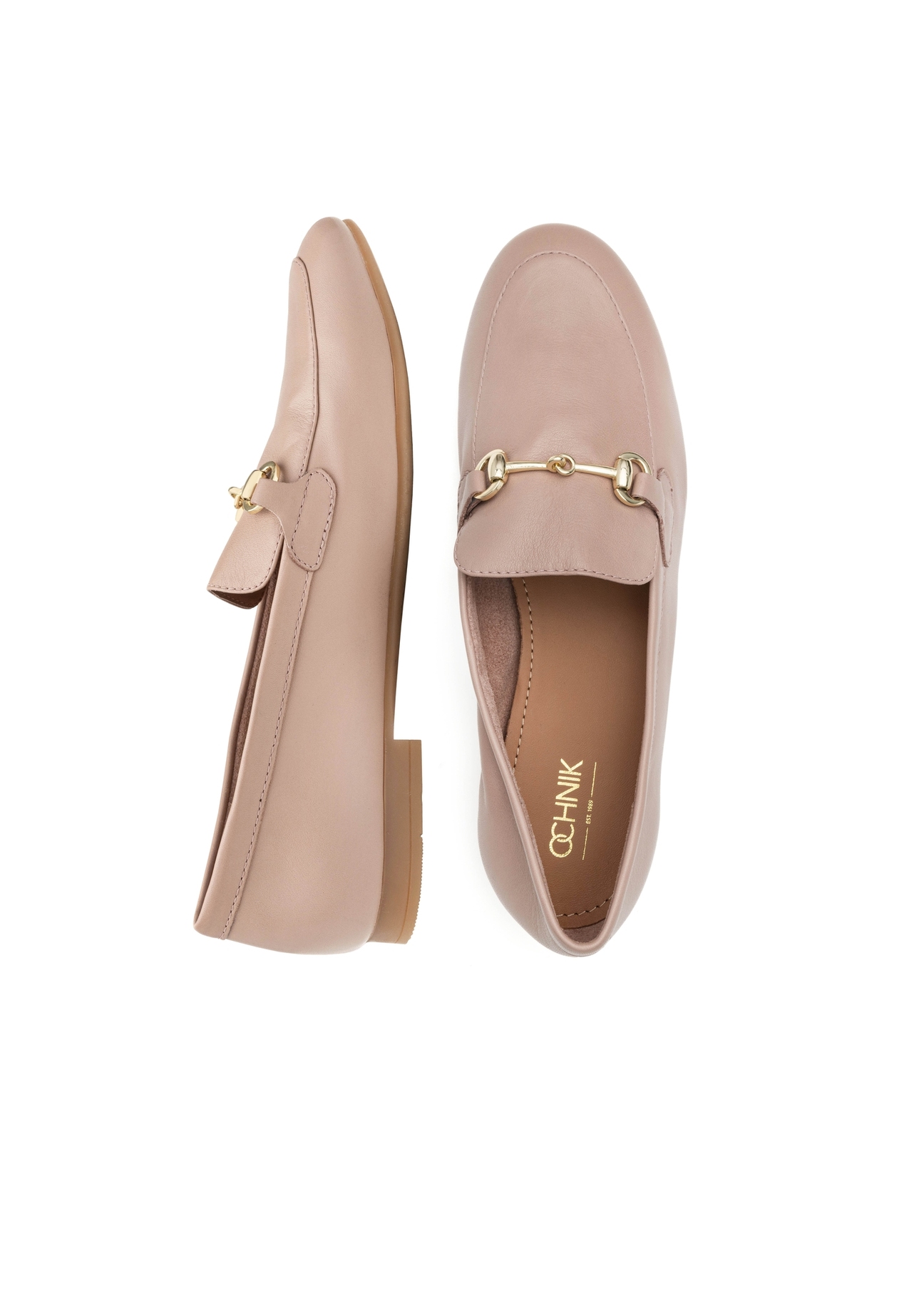 Women's leather moccasins in dirty pink color BUTYD-0916A-5D(W26), product view from above on a white background.