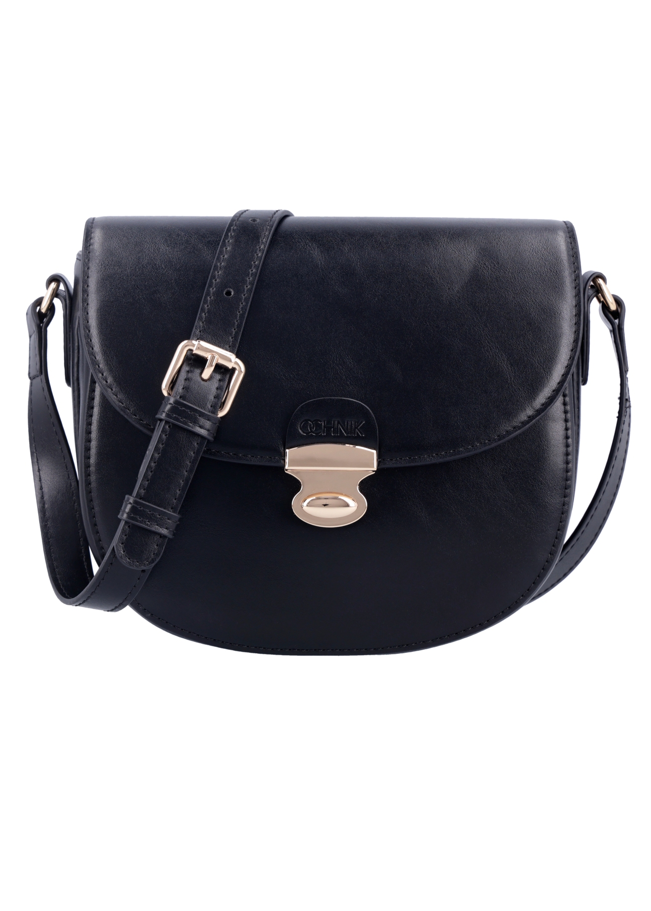 Small semi-circular black women's messenger bag TOREC-1390-99(Z26), front product view on white background.
