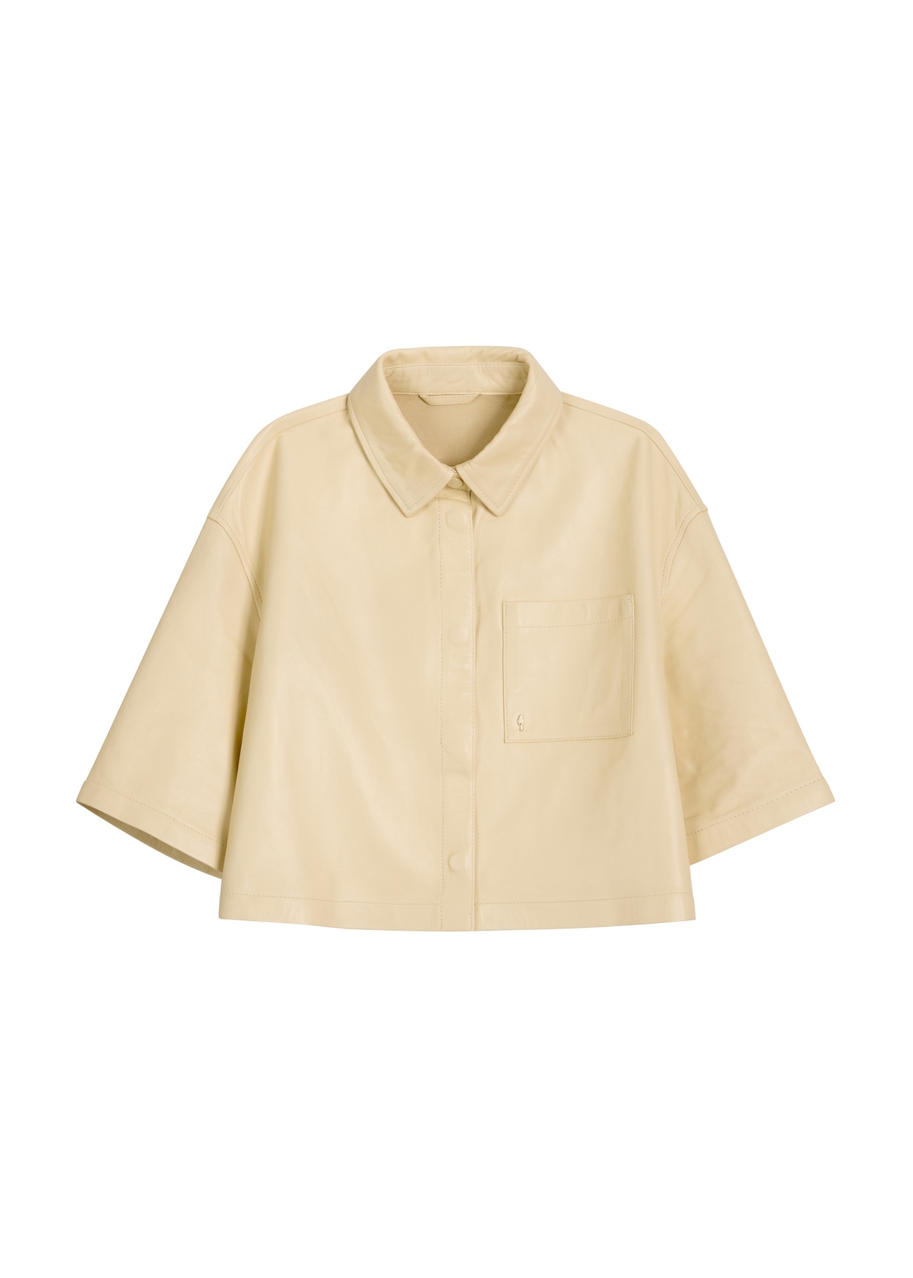 Short light yellow women's leather shirt KOSDS-0005-2A(W26) - front product view, on white background.