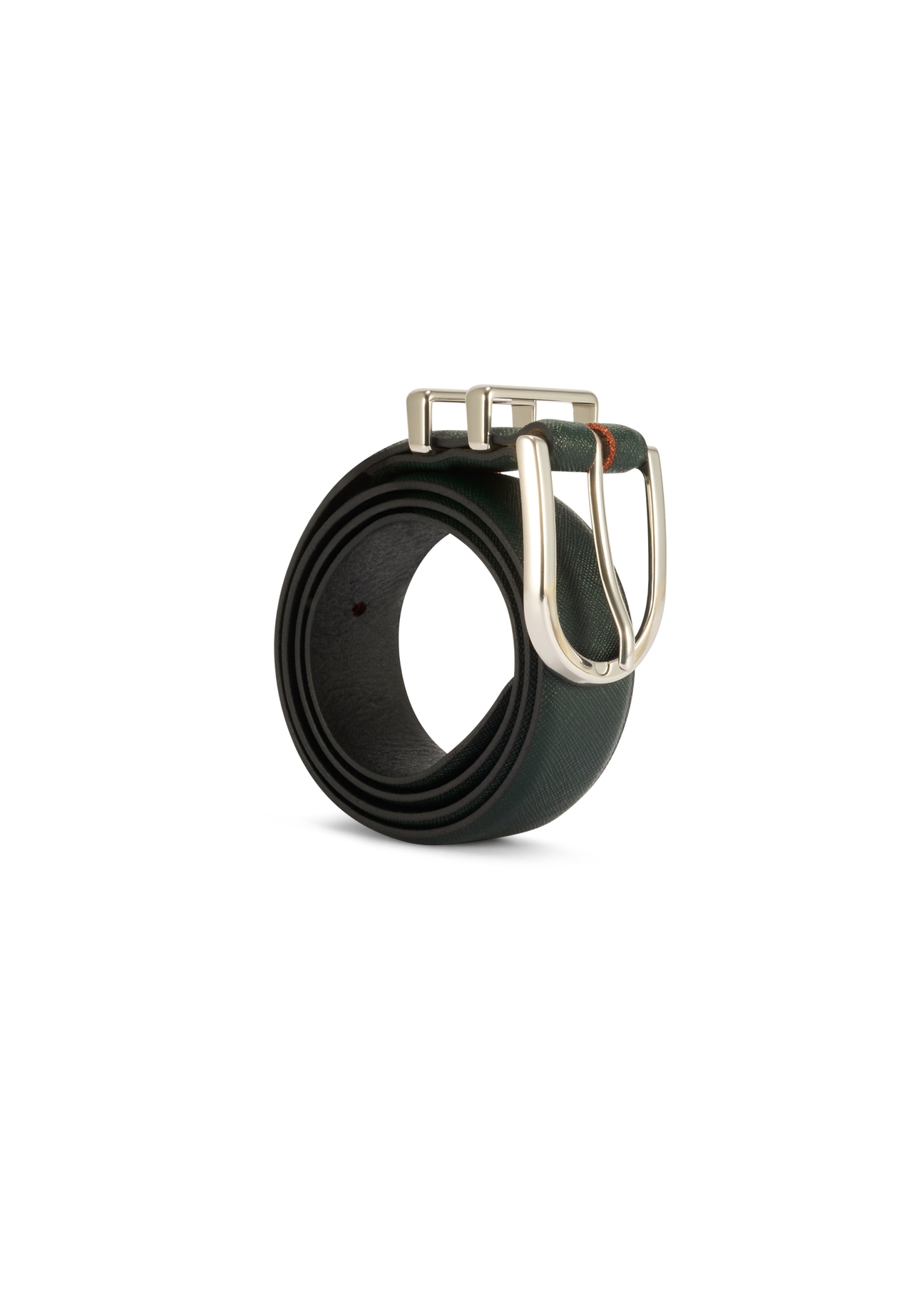 Green leather women's belt PASDS-0159D-54(Z25), diagonal product view on white background.