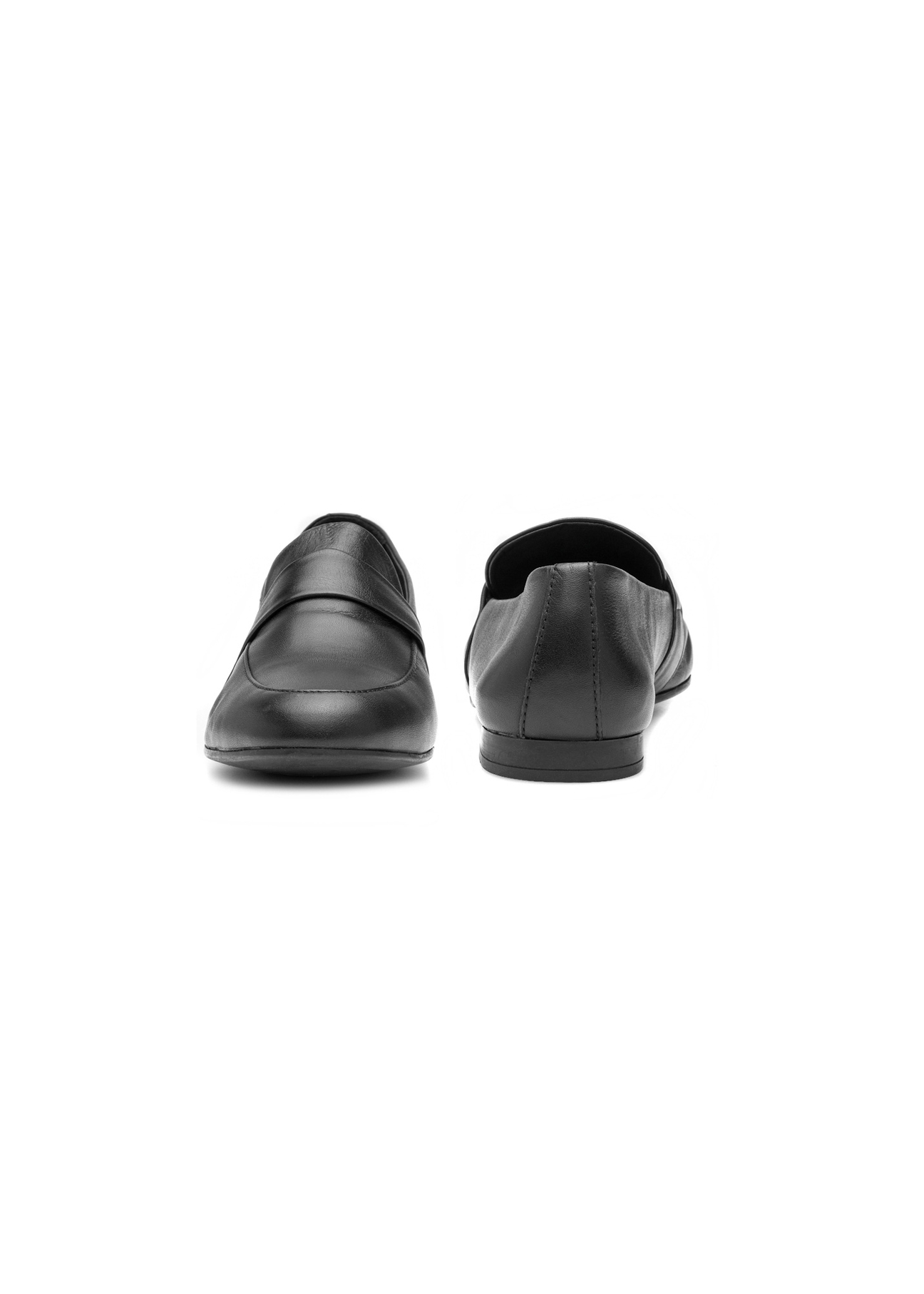 Women's leather black moccasins BUTYD-1074A-99(W26), front and back product view on white background.