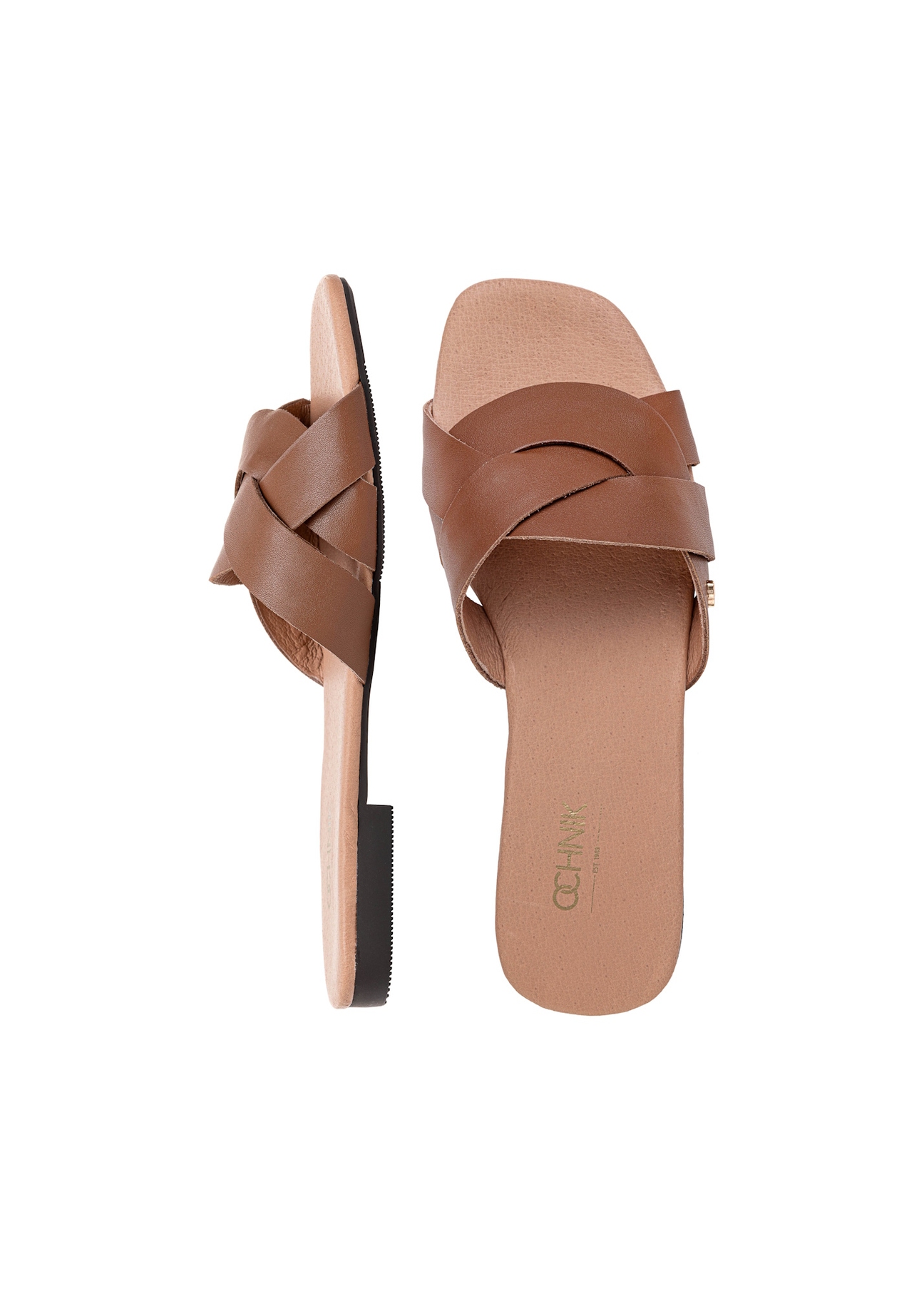 Women's brown leather flip-flops BUTYD-1159-24(W25), product view from above on a white background.