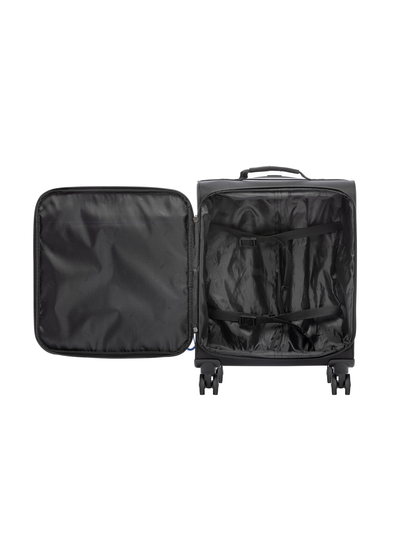 Small suitcase on wheels WALNY-0045-99-19(W26), product view inside on white background.