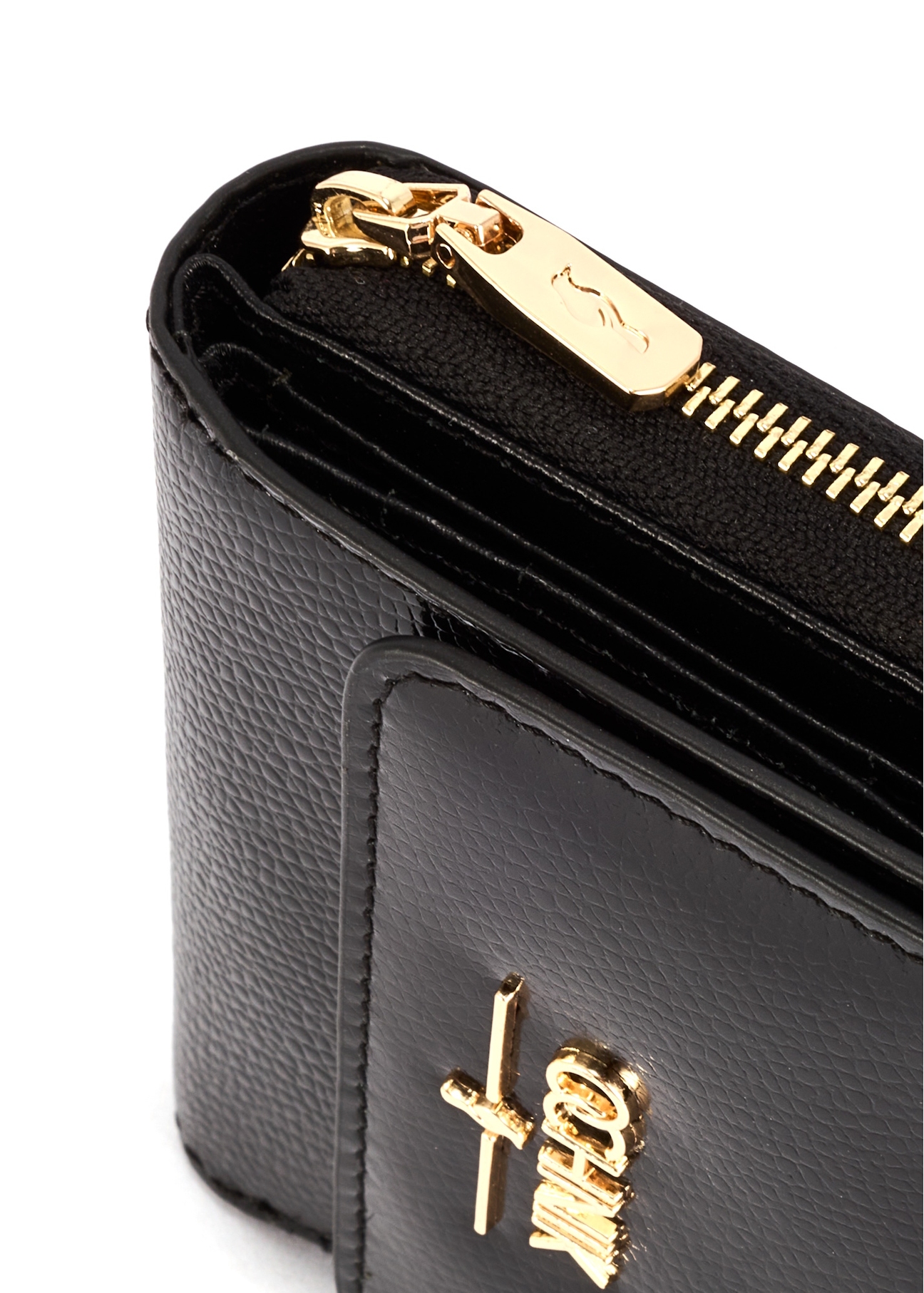 Black small women's leather wallet PORES-0932A-99(Z25), close-up of the product detail on a white background.