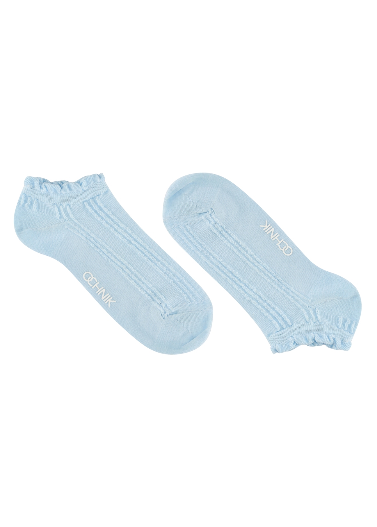 Blue women's socks SKADT-0078-7A(W26), side product view on white background.