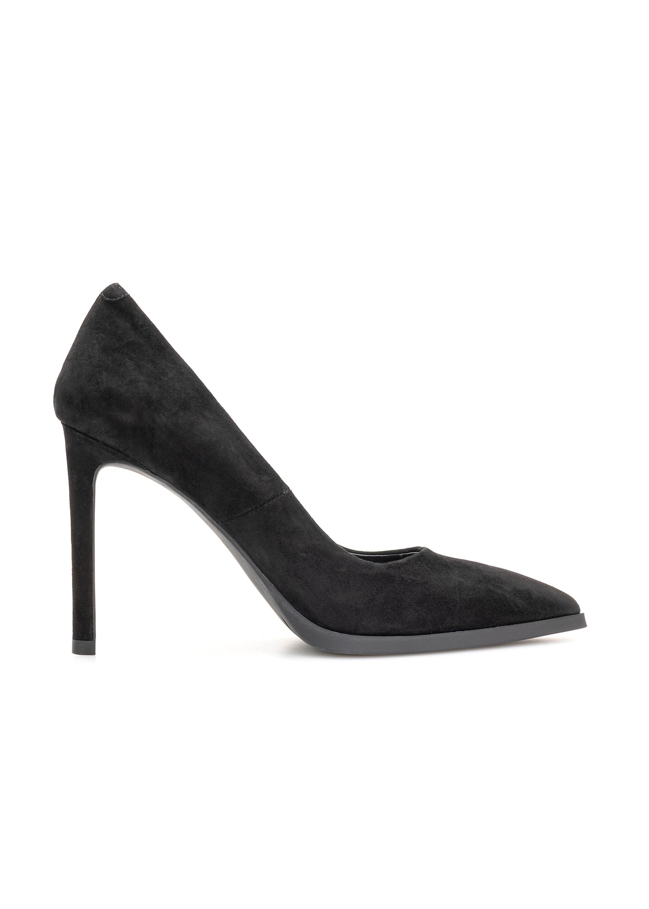 Women's black suede high heels BUTYD-1217-99(Z25), side view of the product on a white background.