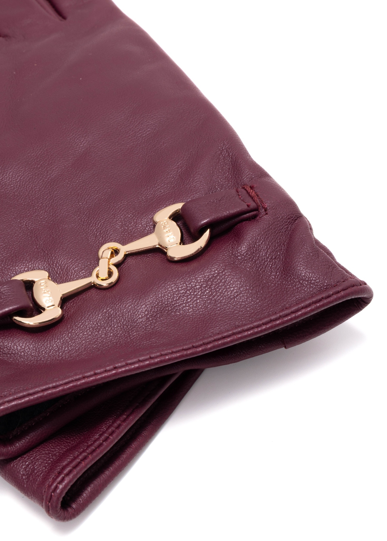 Burgundy women's leather gloves with buckle REKDS-0087-49(Z25), close-up of the product detail on a white background.