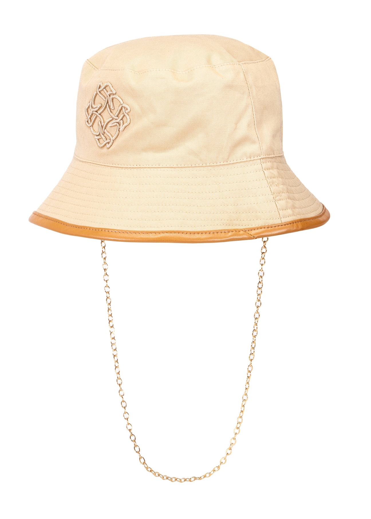 Beige women's hat with chain KAPDT-0044-25(W25), diagonal view of the product on a white background.