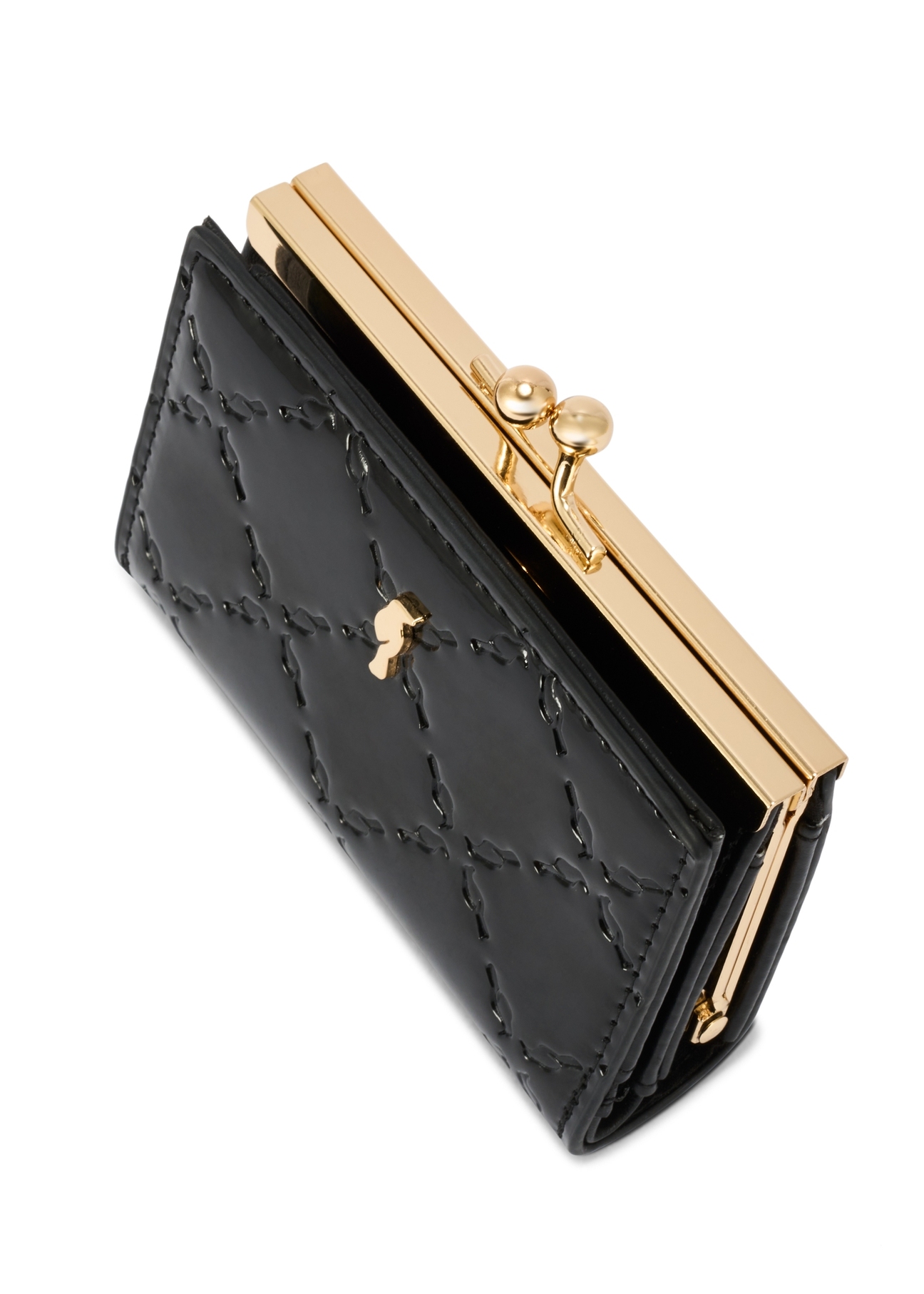 Small black women's wallet with monogram POREC-0422-98(Z25), close-up of product detail, view on white background.