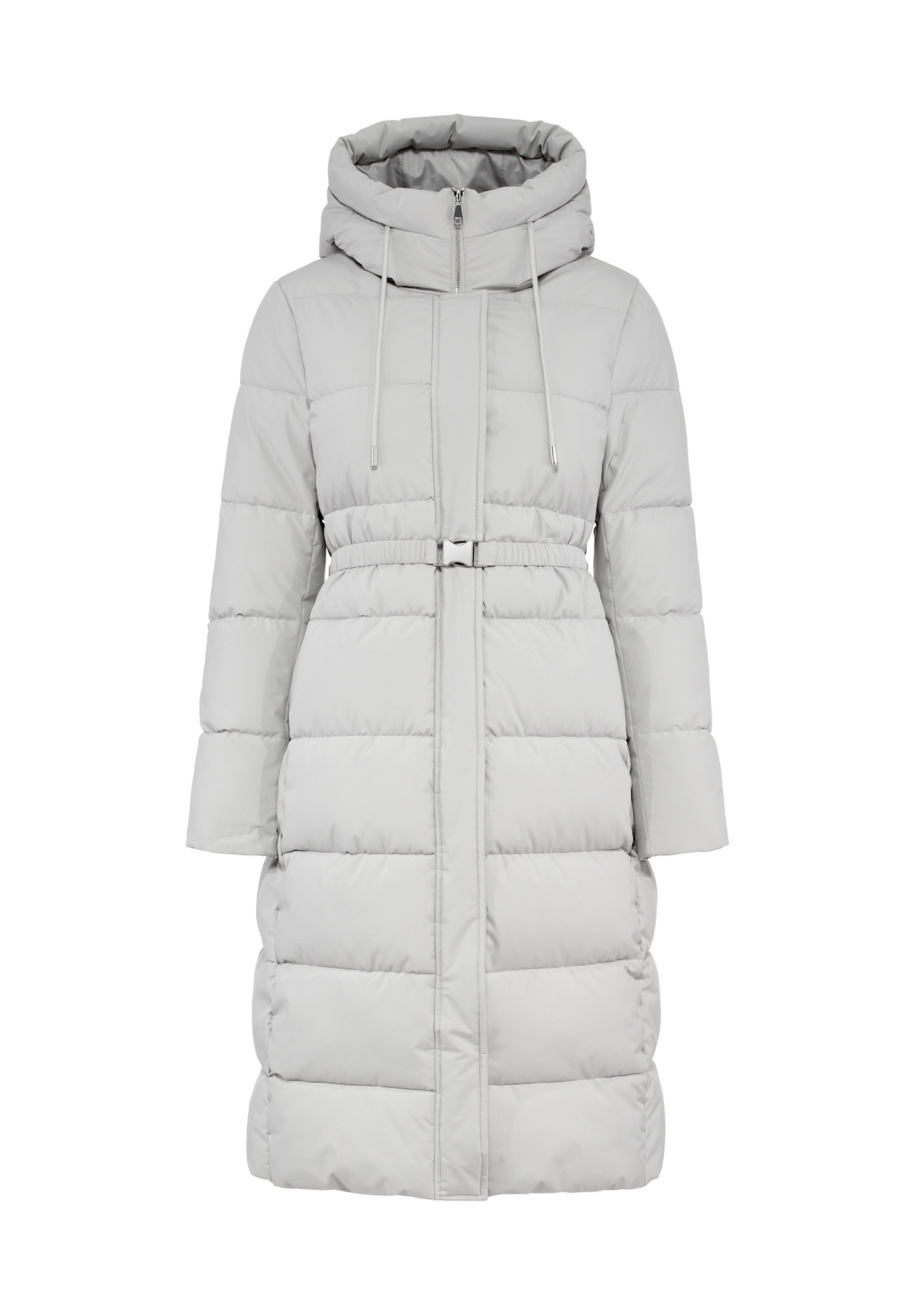 Long light gray women's jacket KURDT-0602-66(Z25), front product view on white background.