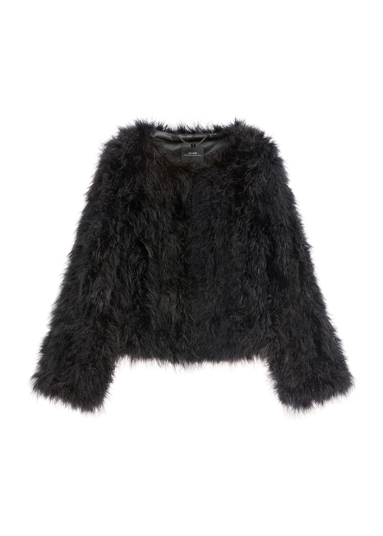 Women's black turkey feather fur coat FUTDF-0097A-99(Z26), front product view on white background.