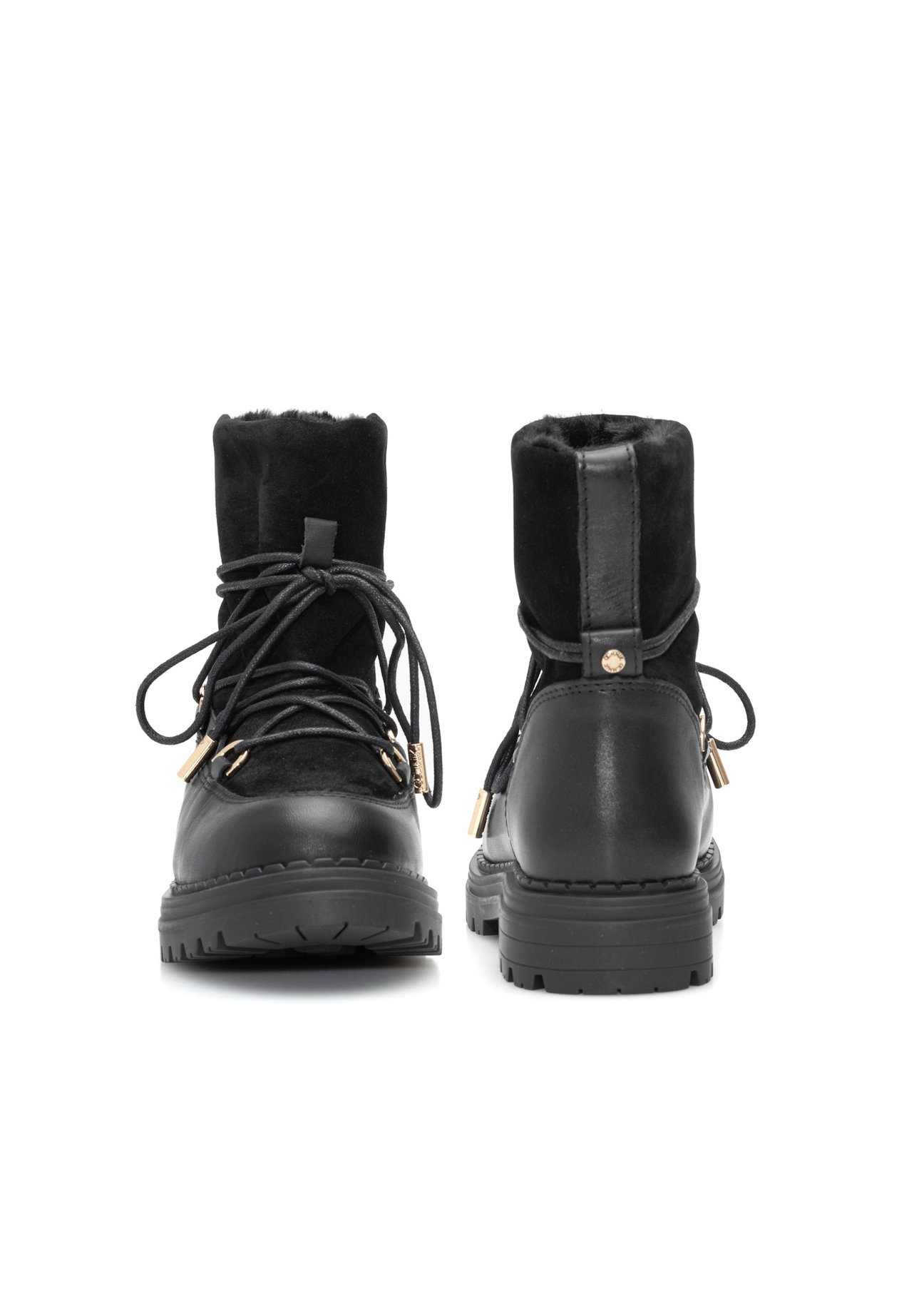 Women's black suede snow boots BUTYD-1201-99(Z25), front and back product view on white background.