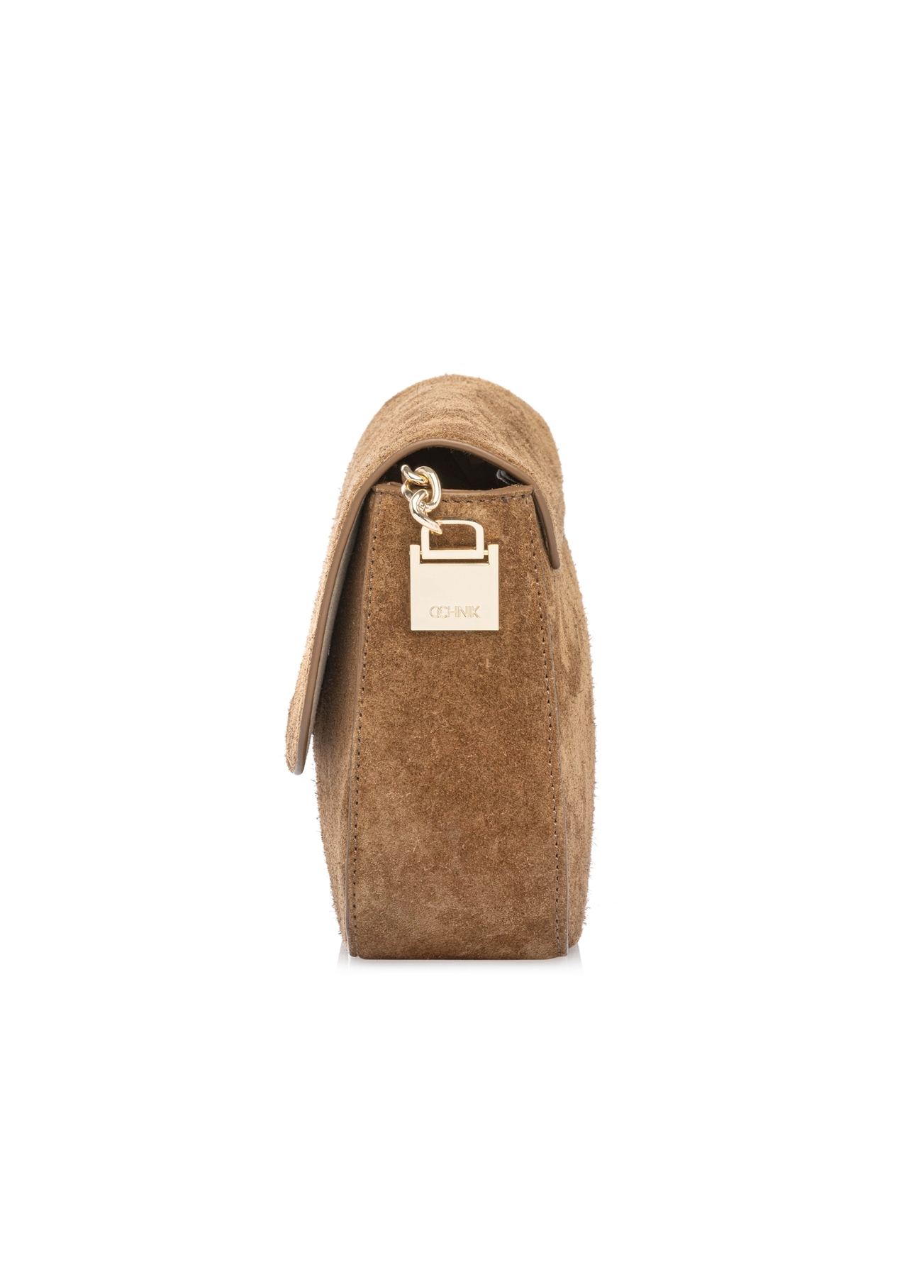 Women's suede messenger bag in camel color TORES-1304-1D(W26) - side view of the product, on a white background.
