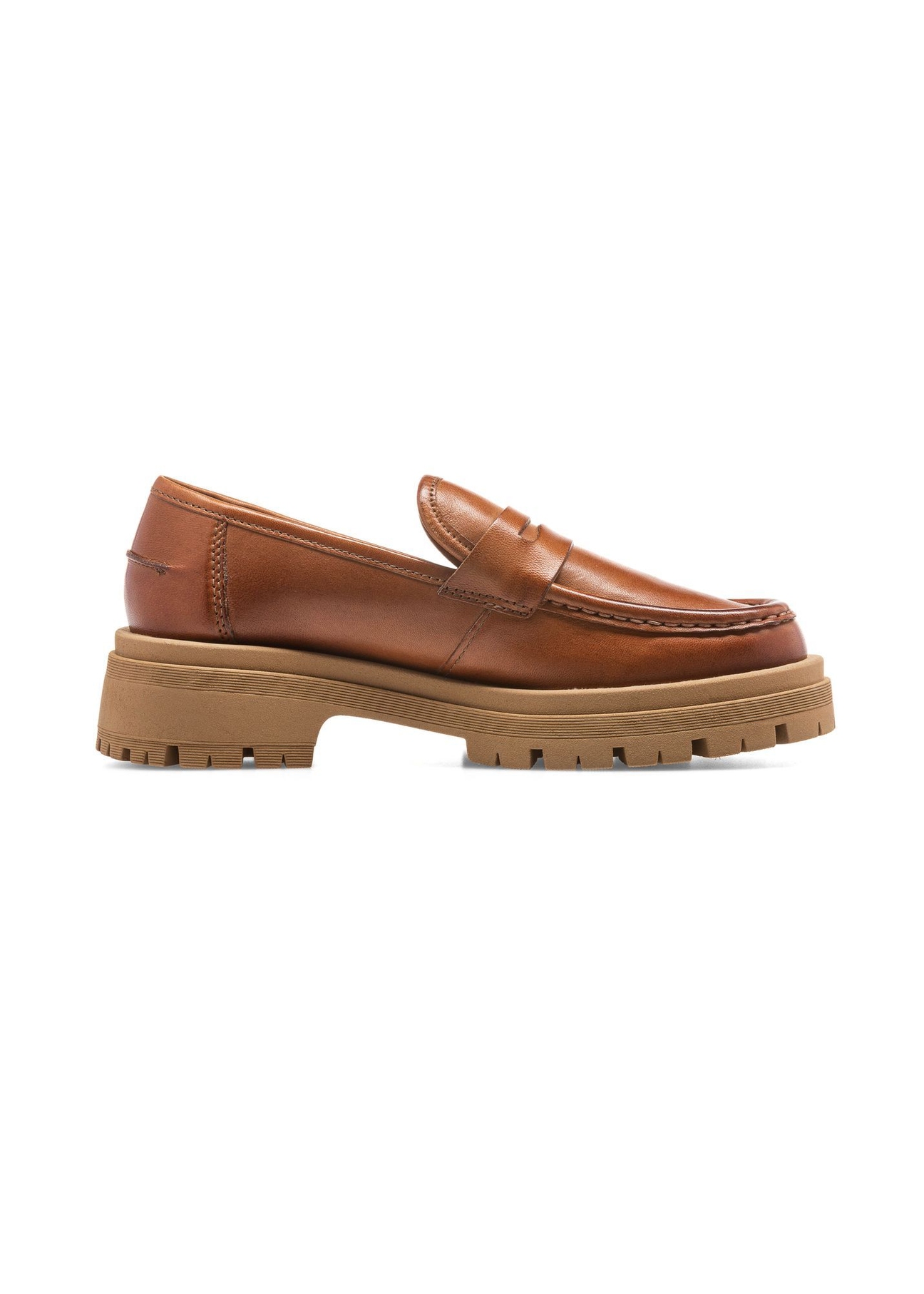 Cognac leather platform loafers BUTYD-1069-1F(W26), side product view on white background.