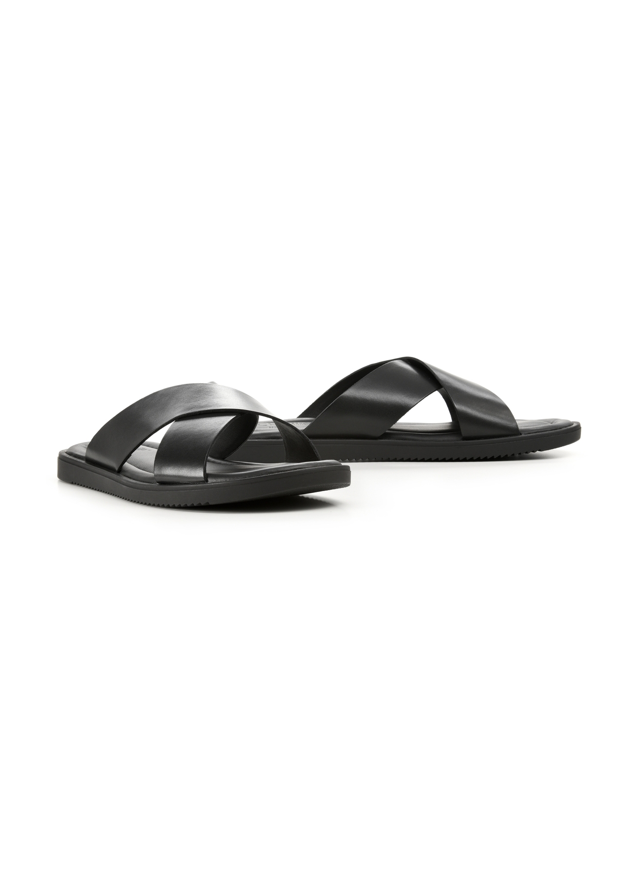 Black men's leather flip-flops BUTYM-0536-99(W26), diagonal product view on a white background.