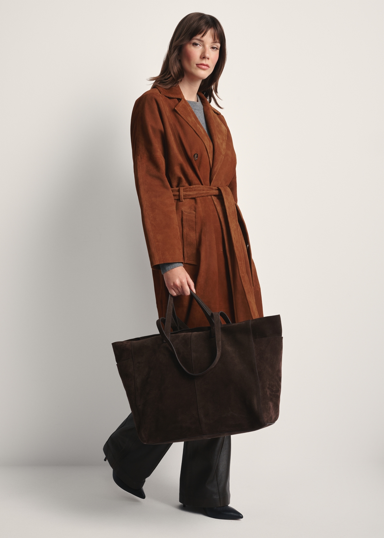 Brown suede women's bag TORES-1187-89(Z25), product view from the front on the model, the whole silhouette is visible.