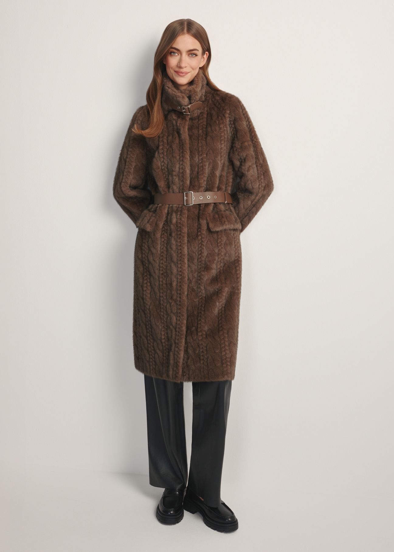 Women's long brown fur coat FUTDP-0065-89(Z25) - front view of the product on a model, against a white background. Full body visible.