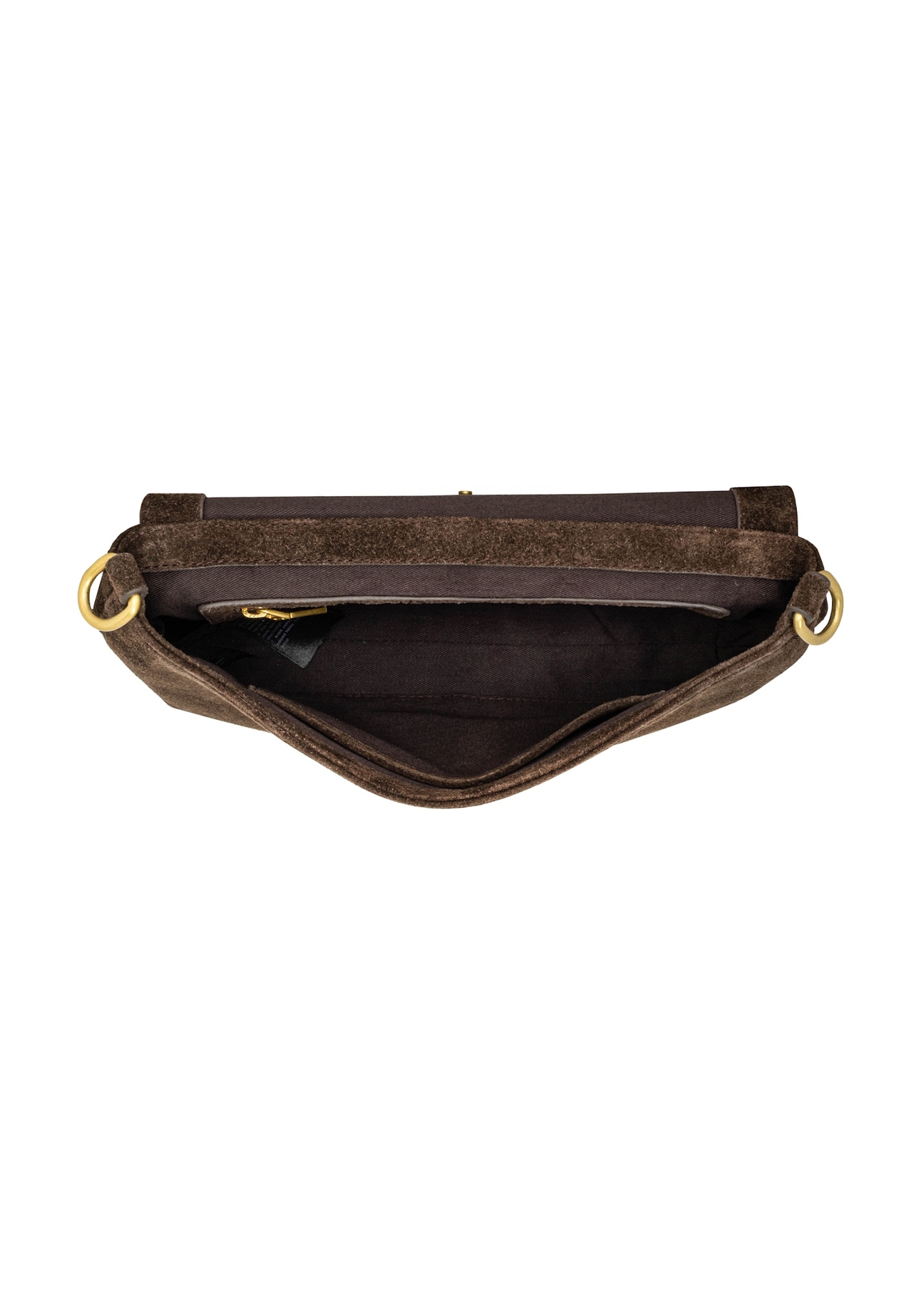 Women's suede messenger bag in brown color TORES-1388-1I(Z26), product view inside on white background.