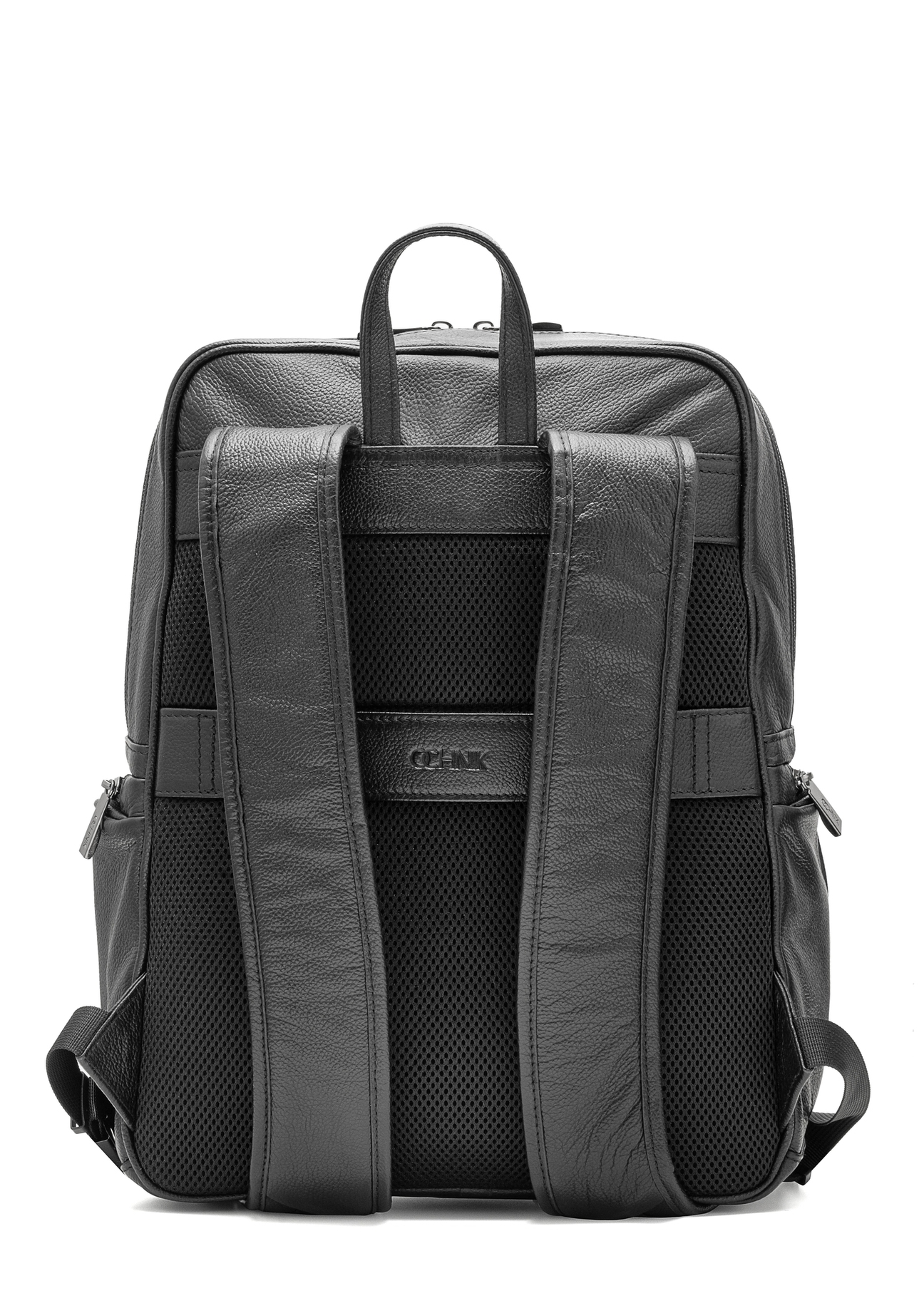 Men's leather black backpack TORMS-0477-99(Z25), product view from the back on a white background.