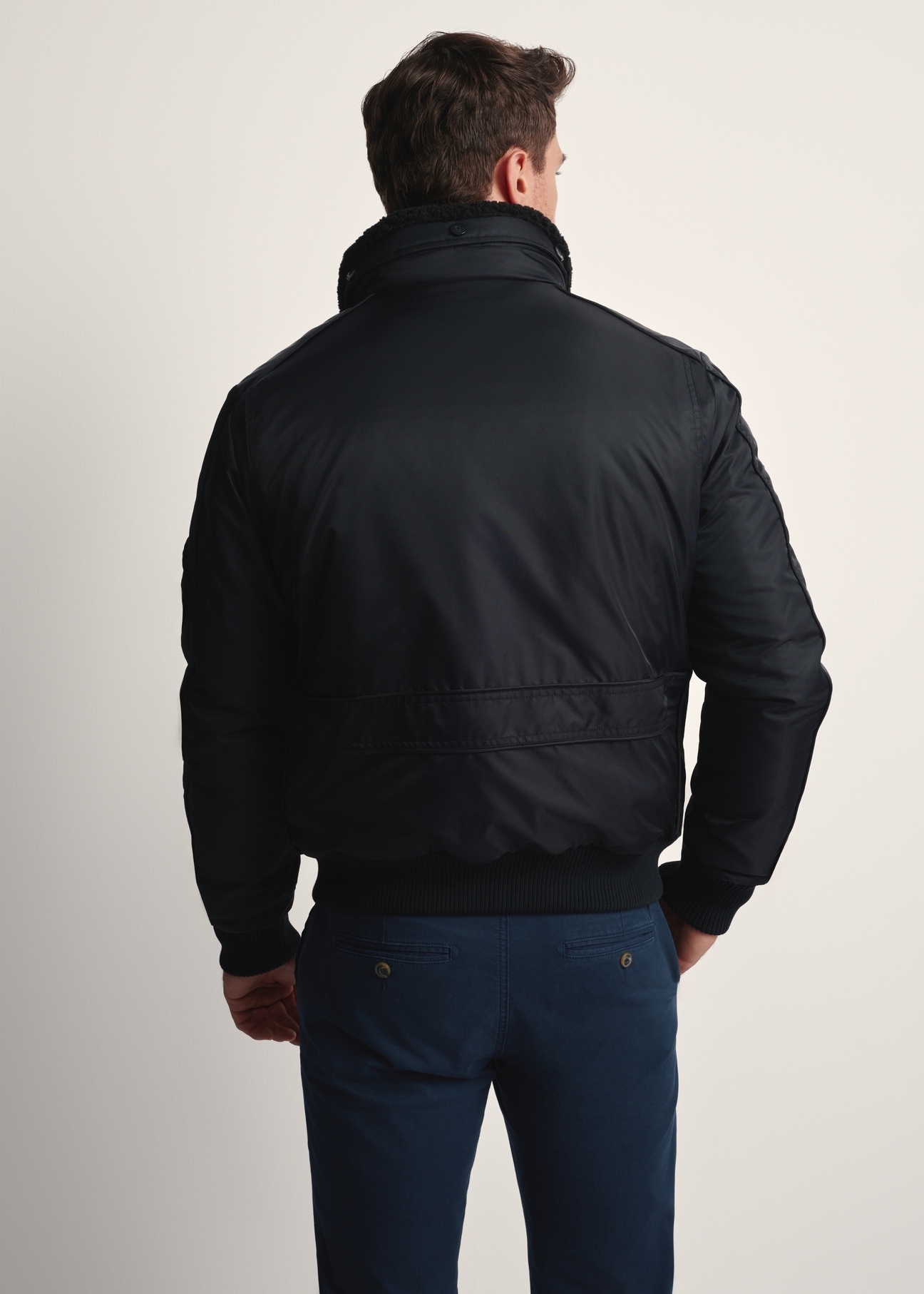 Men's black collared jacket KURMT-0399-99(Z25), product view from the back on the model. Full body visible.