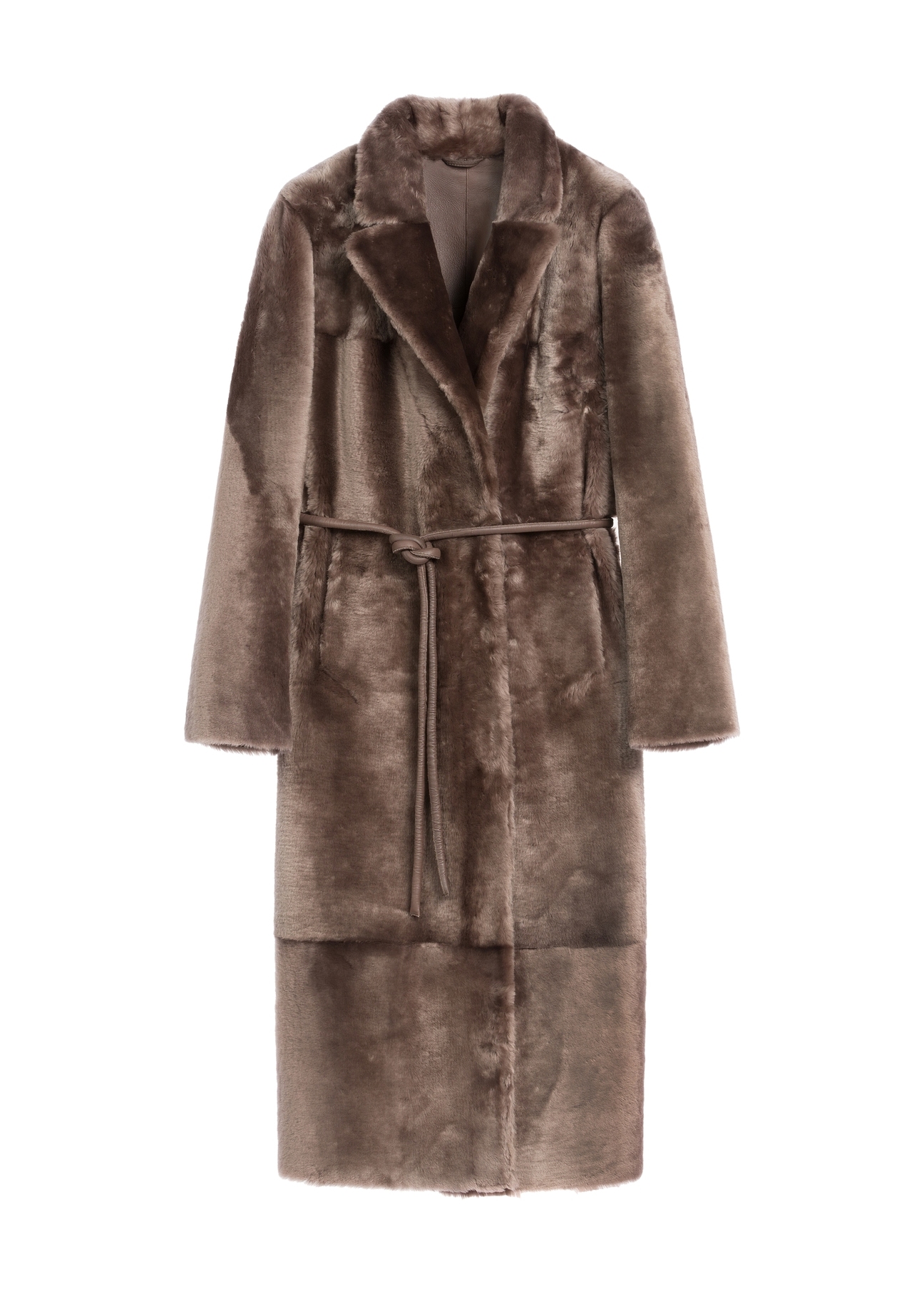 Brown long women's sheepskin coat KOZDS-0086-3094(Z25), product view from the front on a white background.