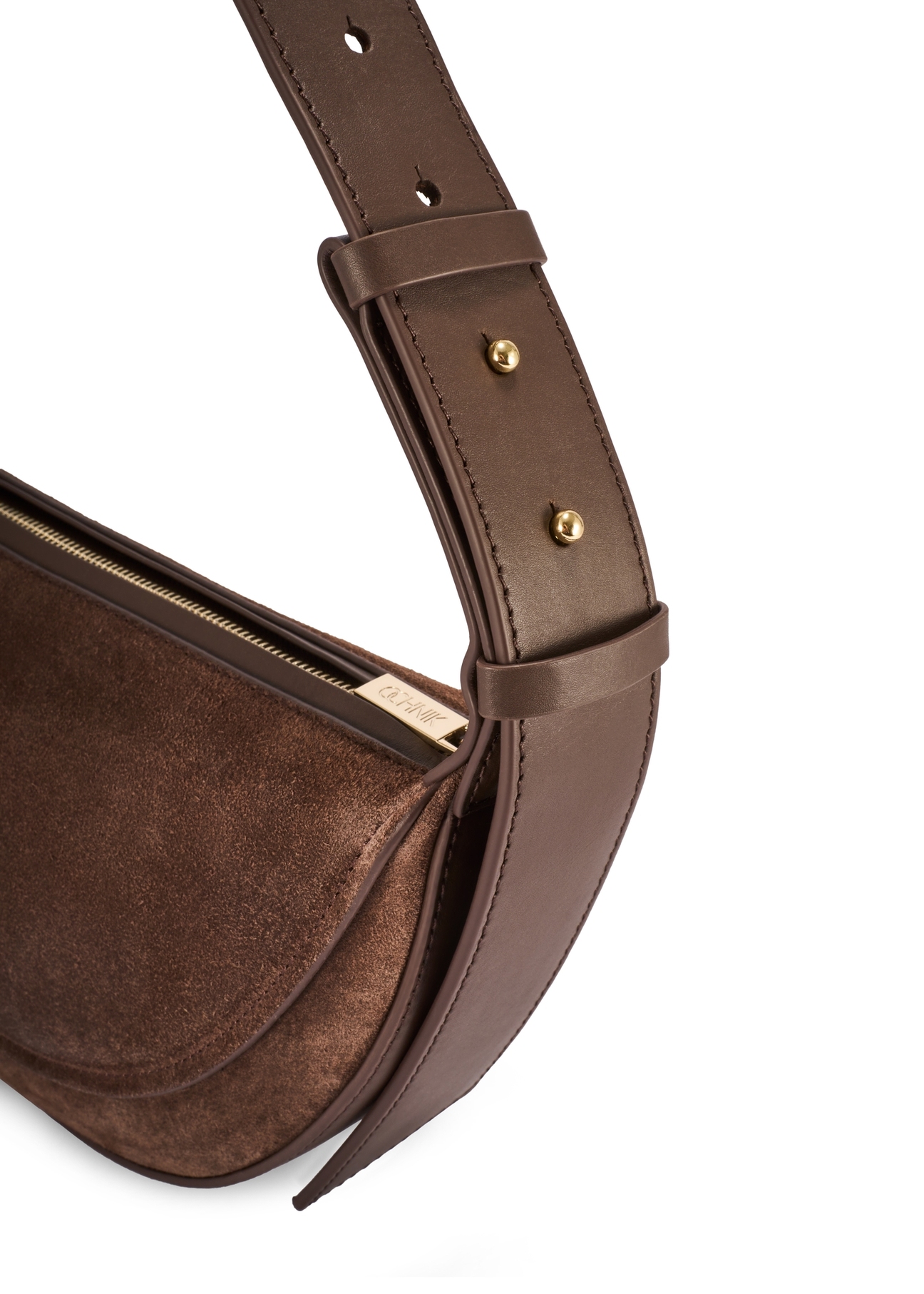 Brown suede semi-circular women's handbag TORES-1178-89(Z25) - close-up of the detail on a white background.