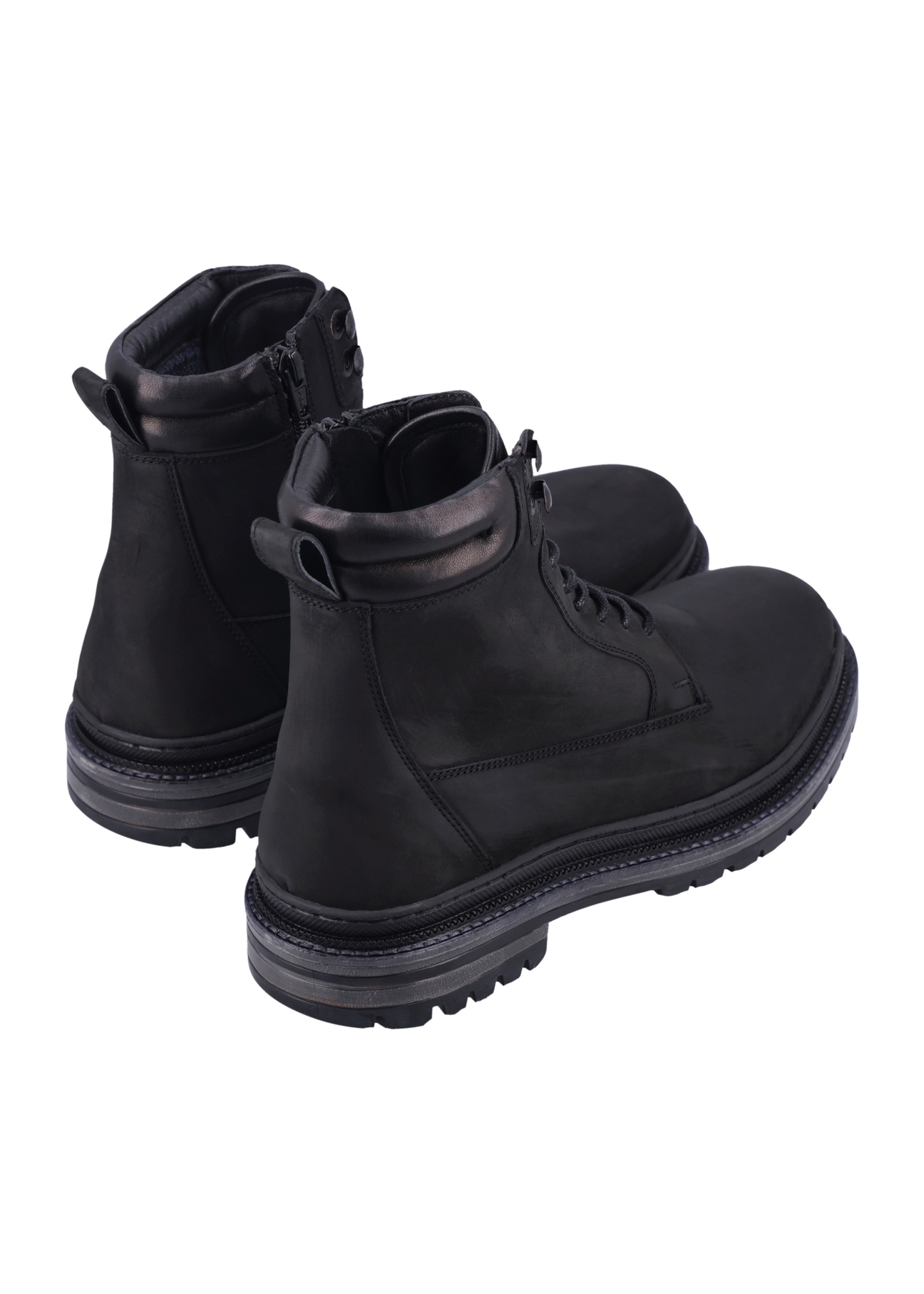 Black men's leather ankle boots BUTYM-0423B-9I(Z26), product view from the back on a white background.
