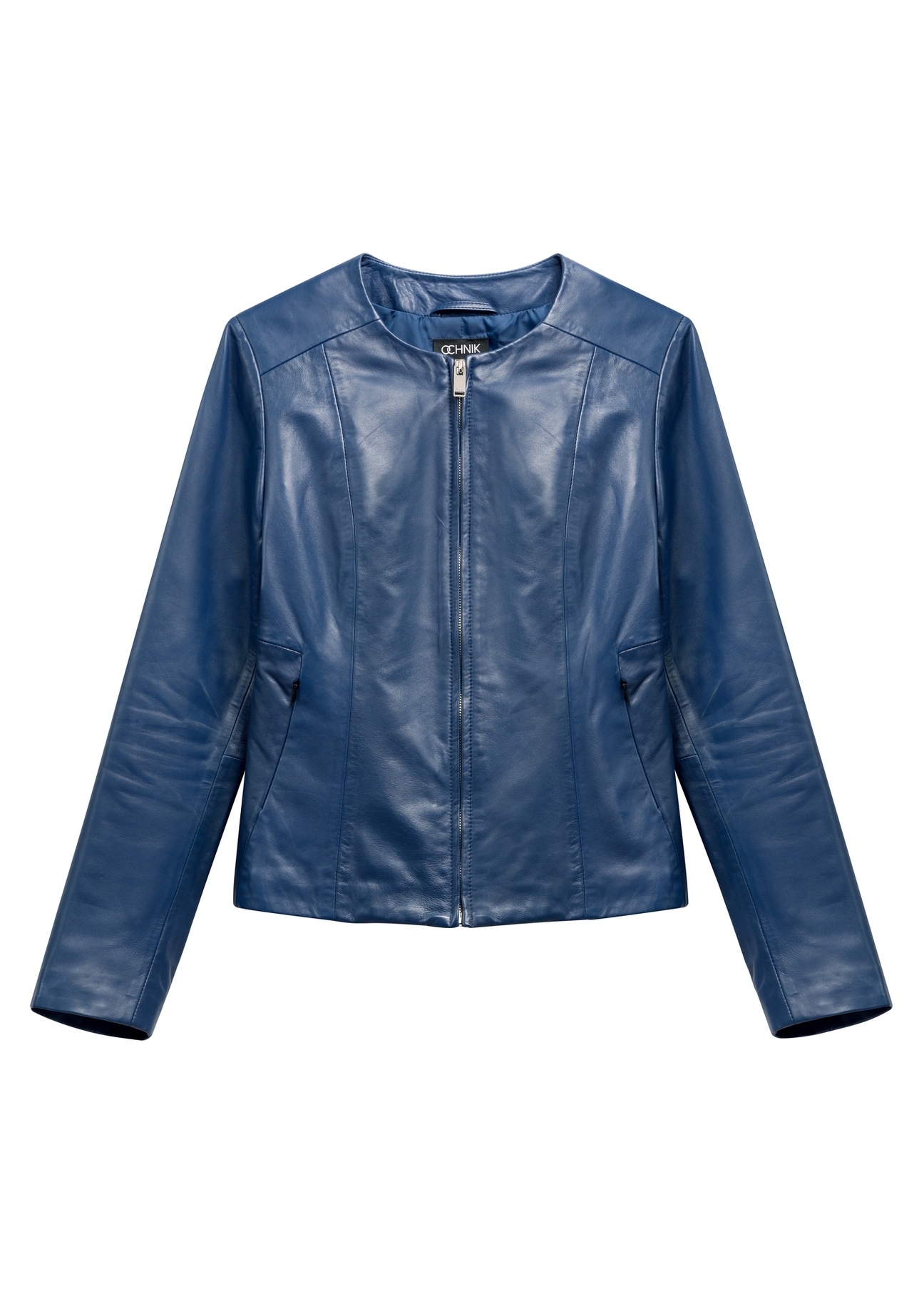 Navy blue women's leather jacket KURDS-0532-7D(W26) - front product view, on white background.